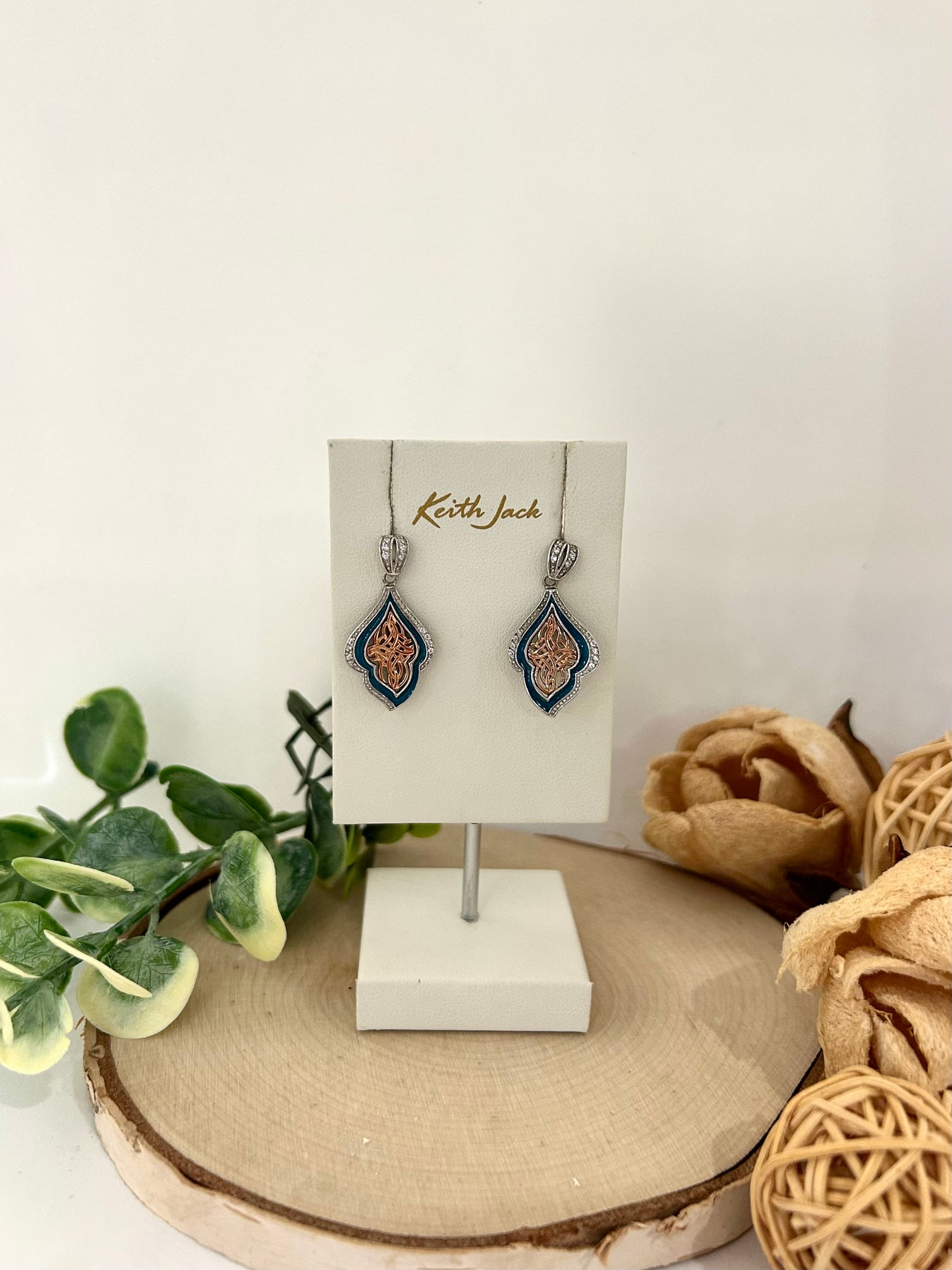 Silver and 10k Rose Gold Path of Life Blue Enamel Earrings