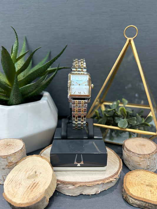 Women's Bulova Rectangle Face Two-Tone Watch with Metal Band