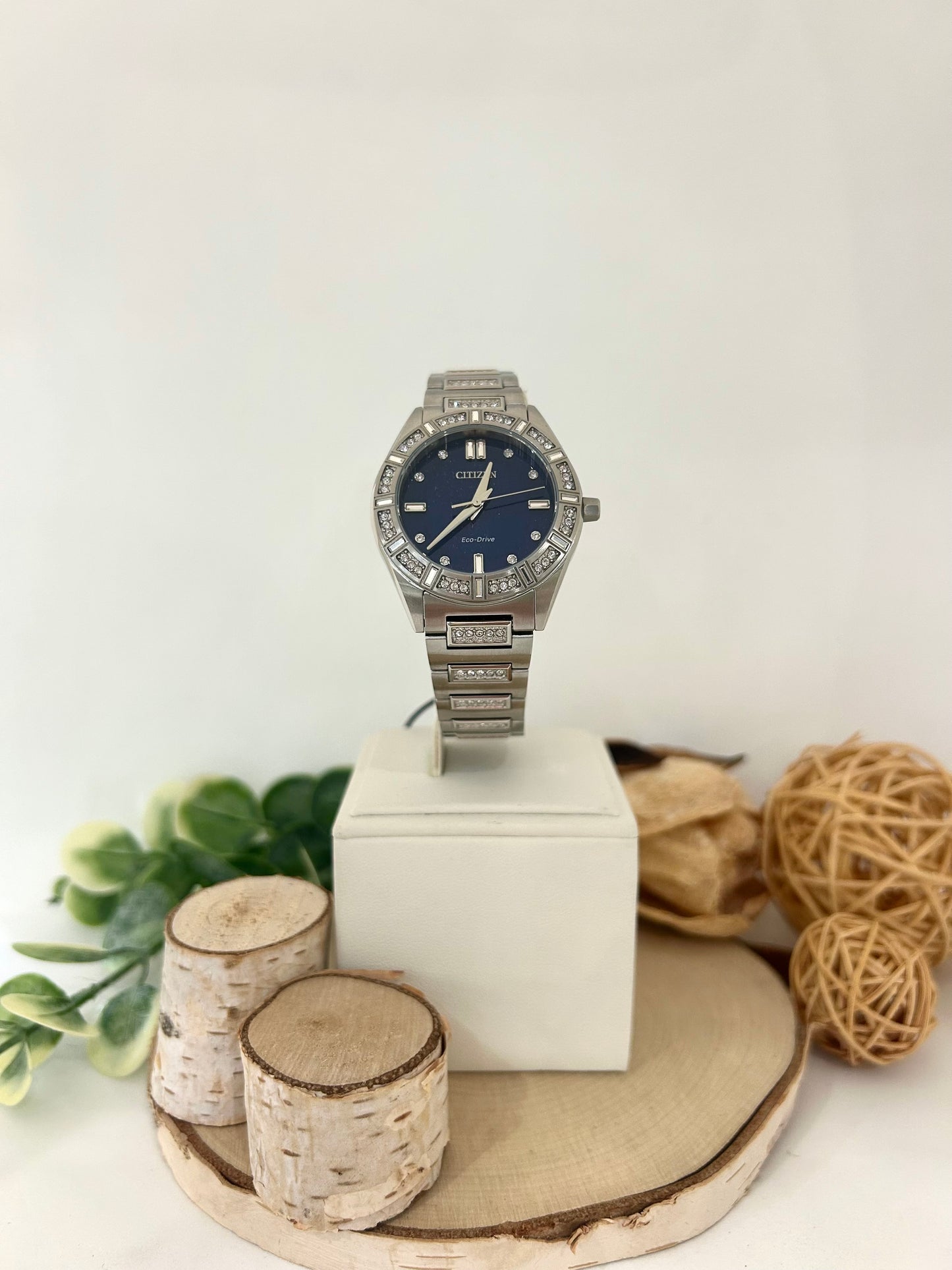 Women's Citizen Eco Drive Blue Crystal Watch Face with Metal Band