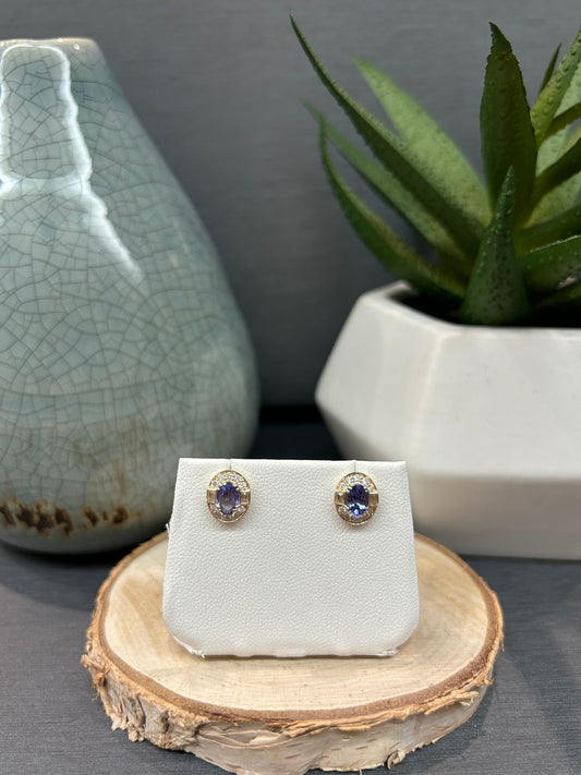 10k Yellow Gold Oval Tanzanite Halo Stud Earrings