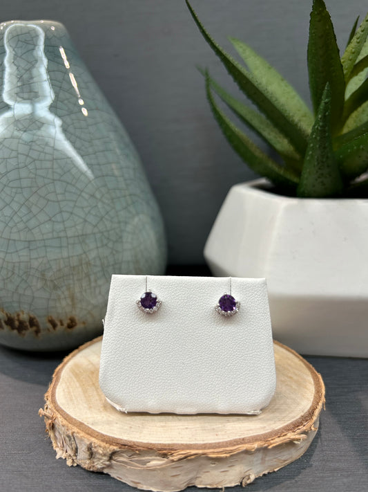 10k White Gold Amethyst Half Halo Stud Earrings