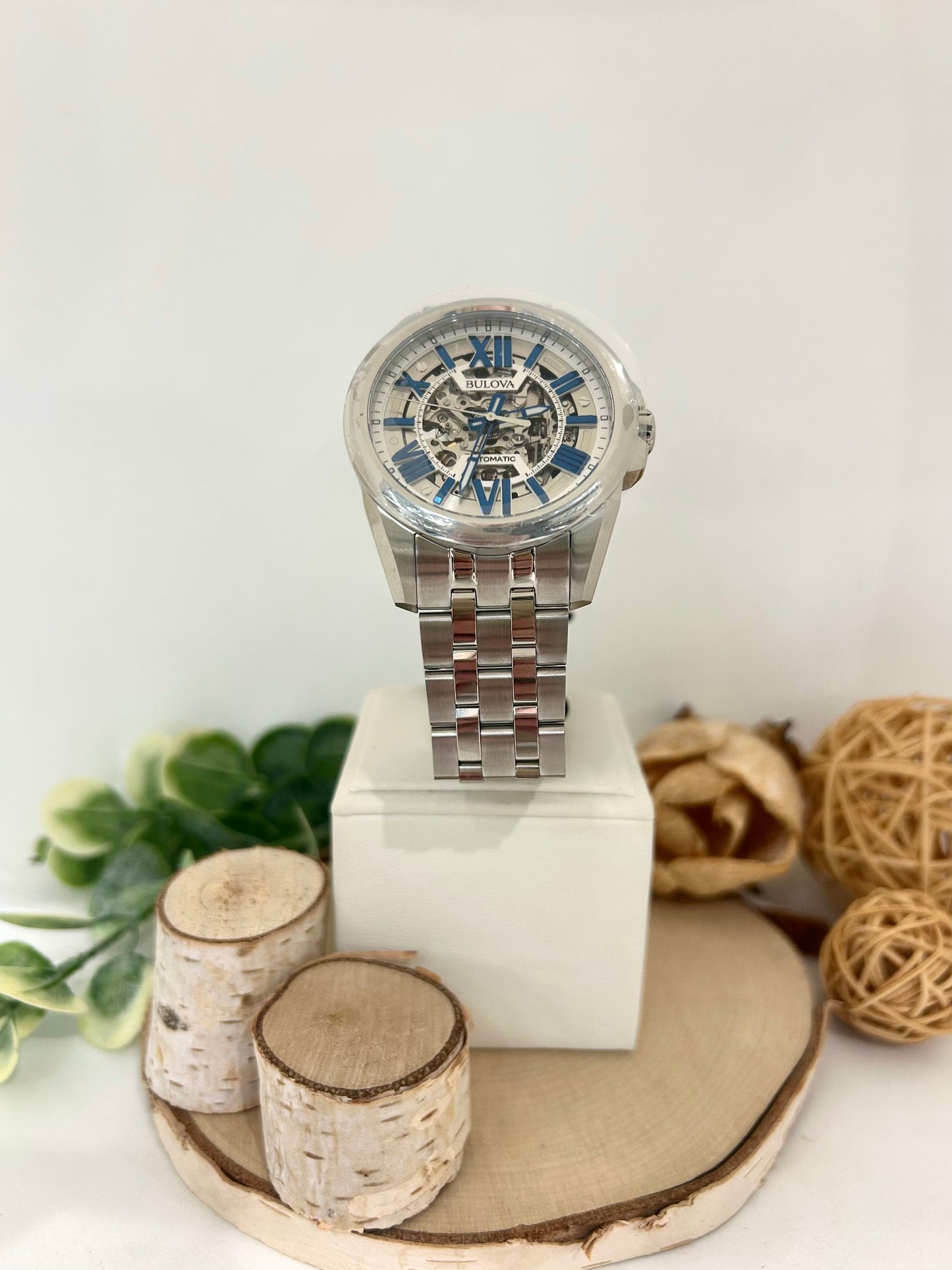 Men's Bulova Automatic Blue Face Watch with Metal Band