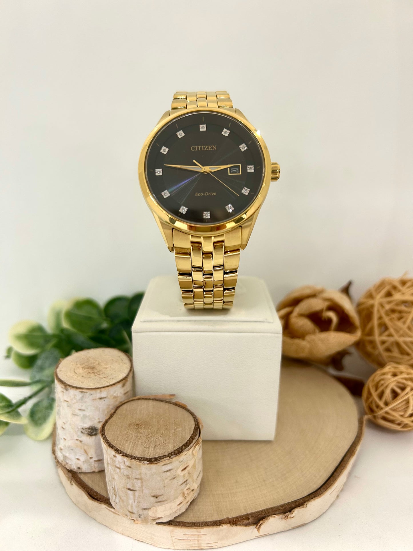 Men's Citizen Eco Drive Diamond Black Face Watch with Metal Band