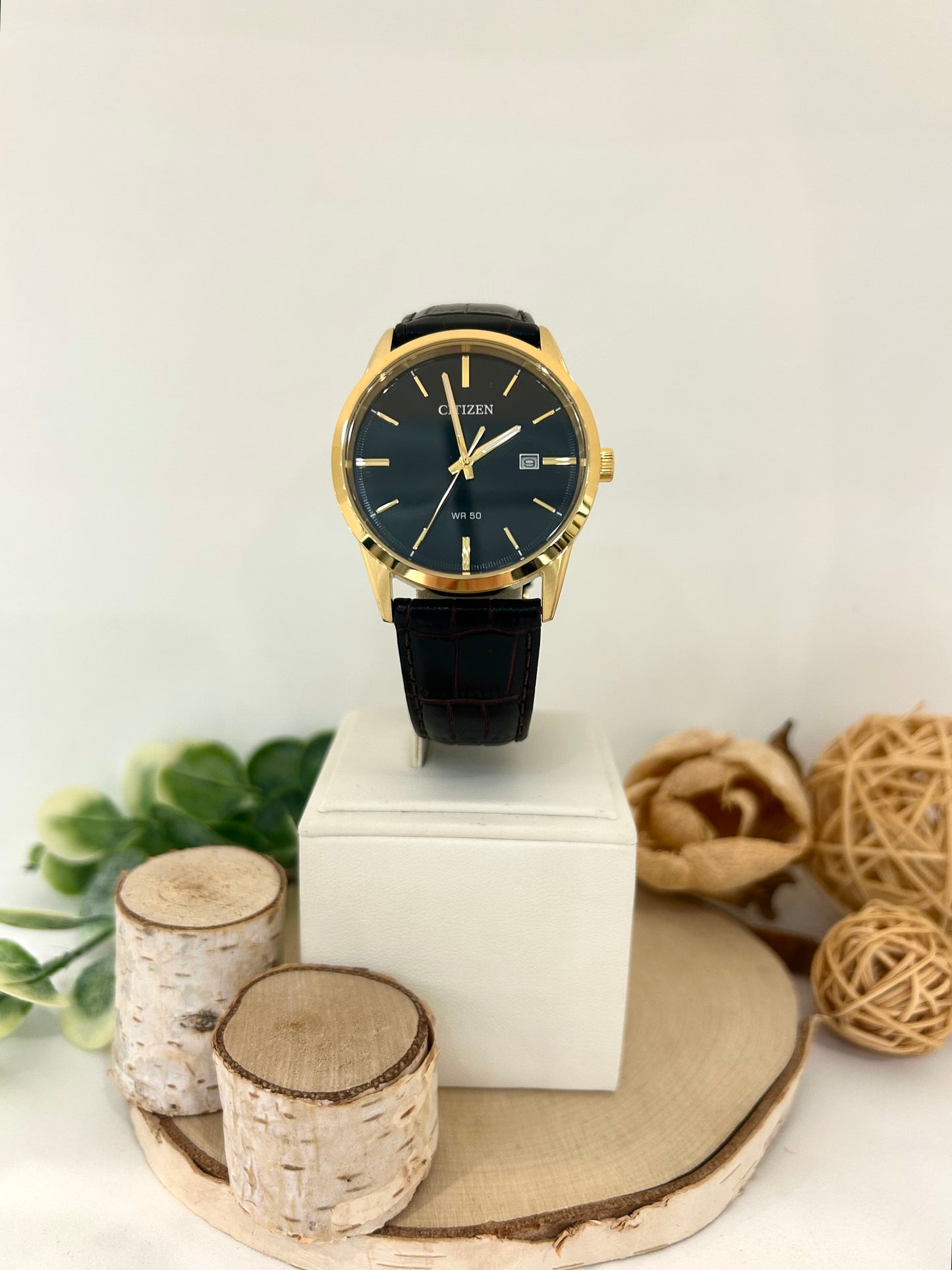 Men's Citizen Black Face Gold Dial Watch with Leather Band