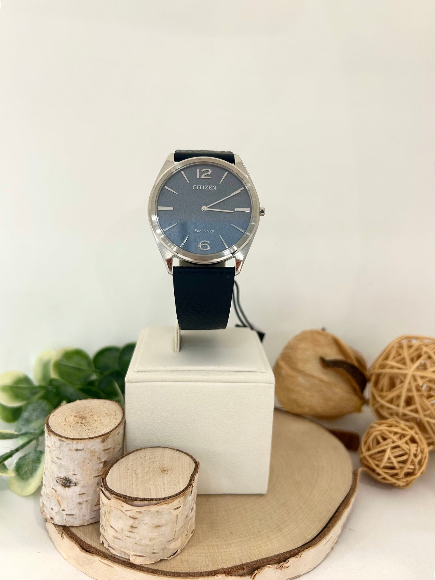 Men's Citizen Eco Drive Navy Blue Slim Watch Face with Leather Band