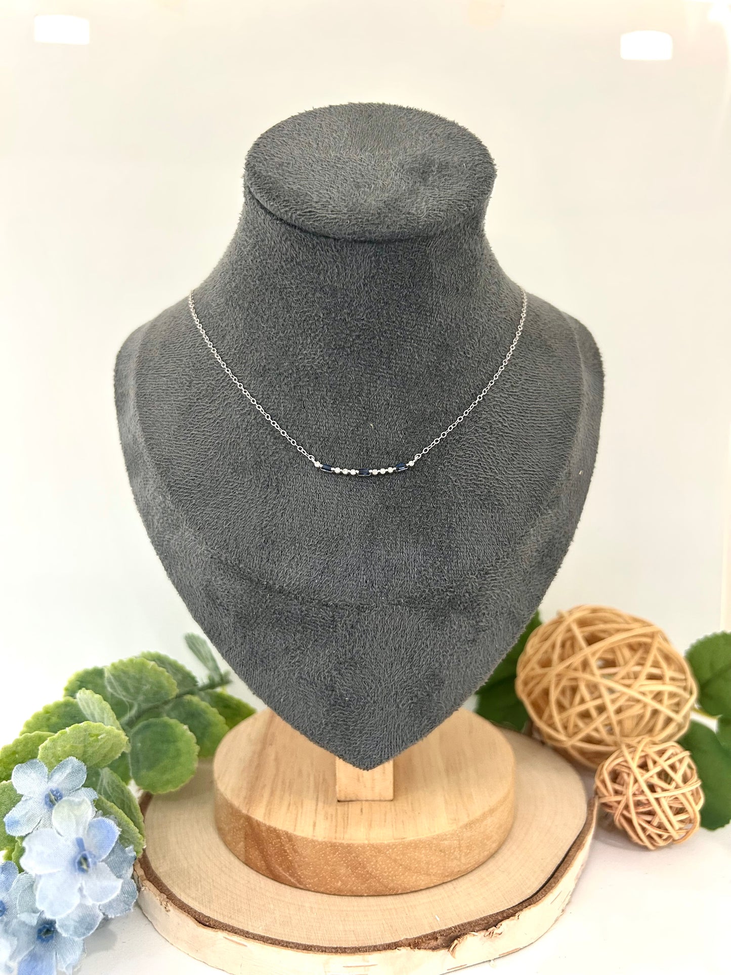 10k White Gold Baguette Sapphire Bar Necklace