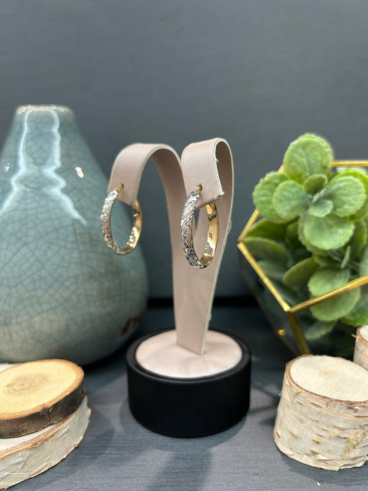 10k Two-Tone Oval Diamond Cut Hoop Earrings