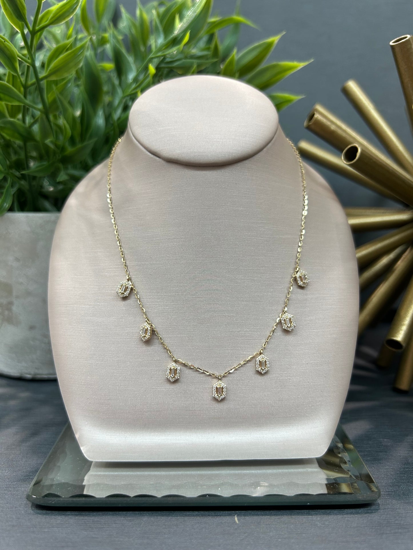 14k Yellow Gold 0.30ctw Diamond Multi Emerald Dangle Necklace