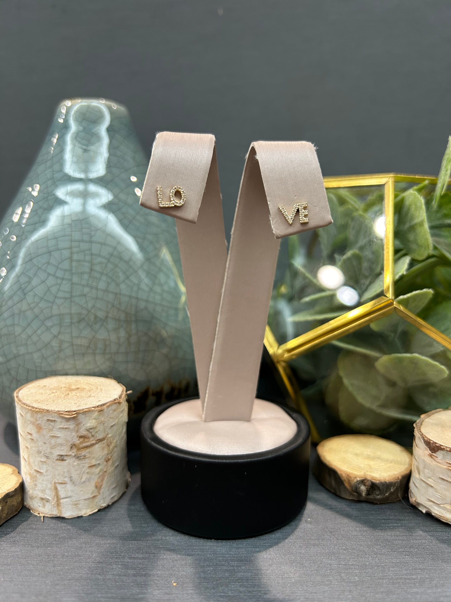 14k Yellow Gold 0.09ctw Diamond "Love" Stud Earrings