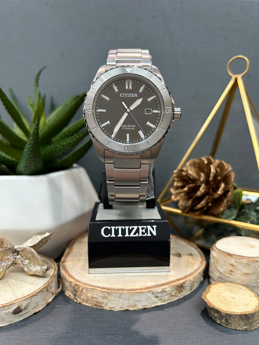 Men's Citizen Eco Drive Blue Second Hand Titanium Watch with Metal Band