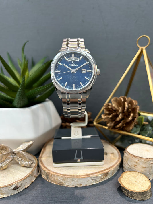 Men's Bulova Blue Face Bold Weekday Watch with Metal Band