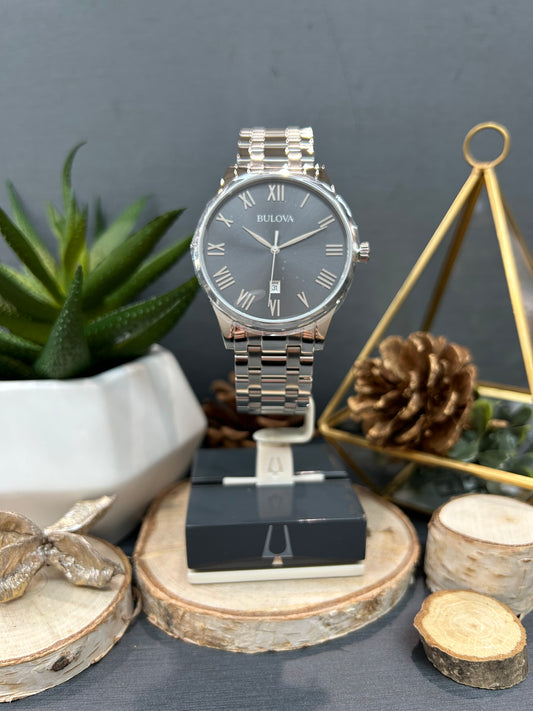 Men's Bulova Grey Face Roman Numeral Dial Watch with Metal Band