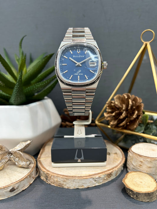 Men's Bulova Square Blue Face Watch with Metal Band