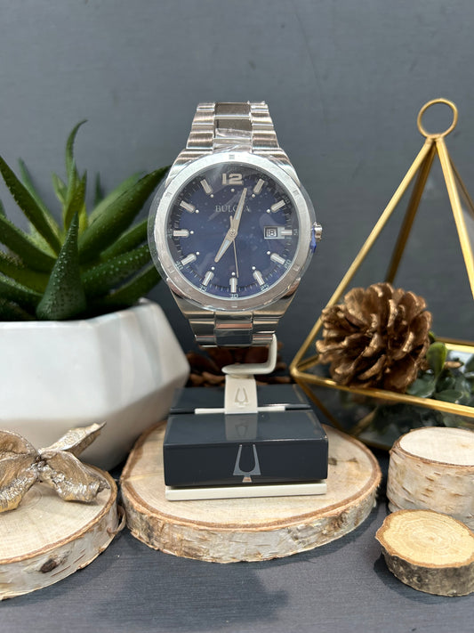 Men's Bulova Dark Blue Face White Dials Watch with Metal Band