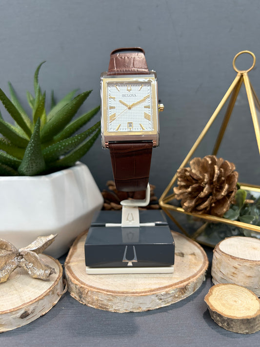 Men's Bulova Square Face Roman Numeral Dial Watch with Leather Band