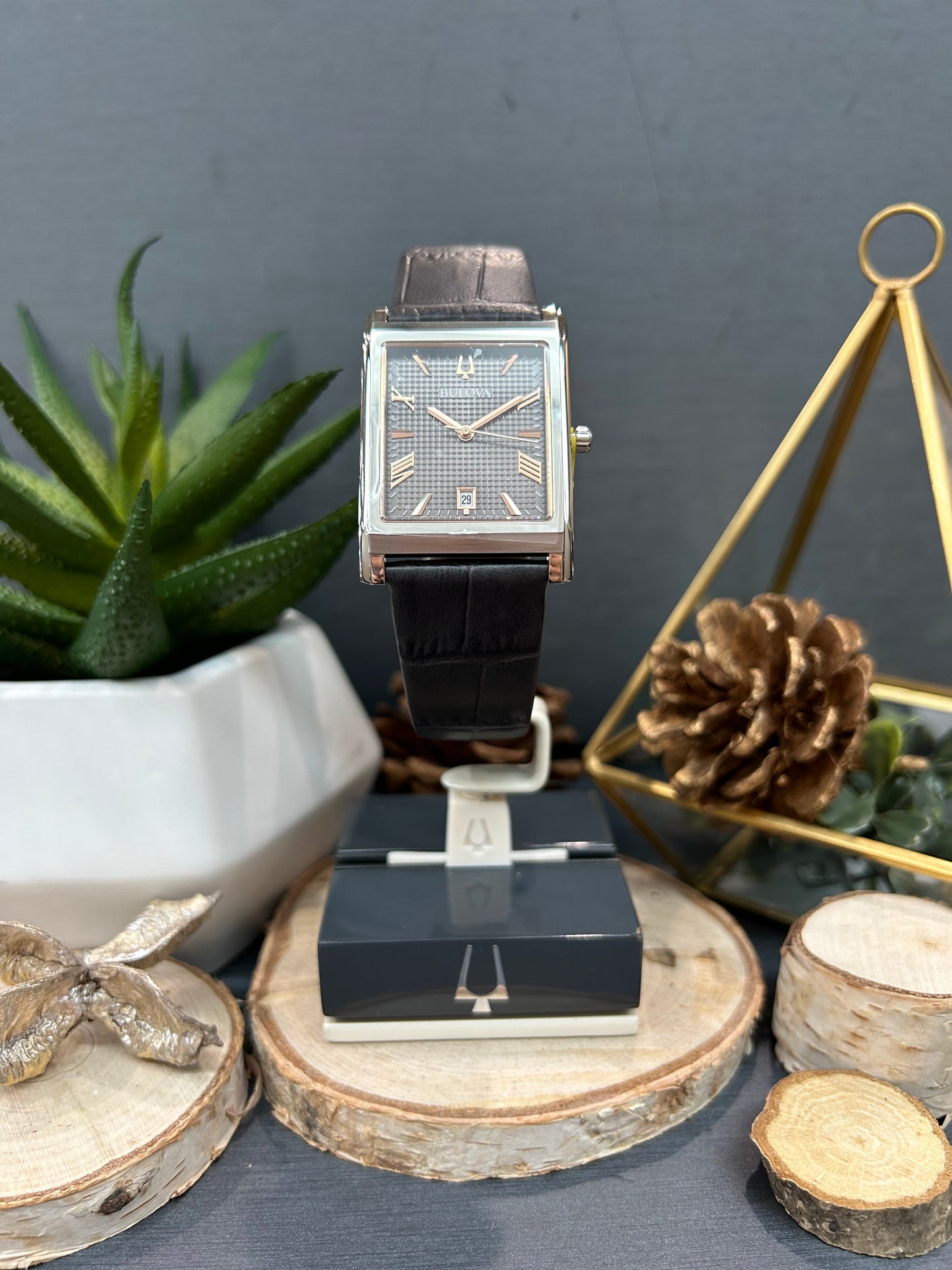 Men's Bulova Square Face Roman Numeral Dial Watch with Leather Band