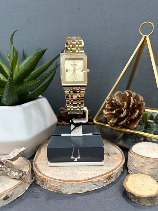 Women's Bulova Gold Plated Square Face Diamond Watch Face with Metal Band