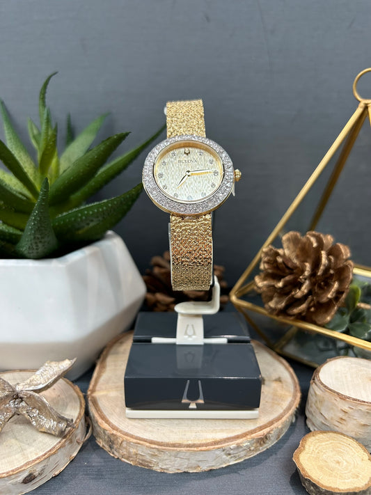 Women's Bulova Gold Plated Brush Face Crystal Accent Watch with Metal Band