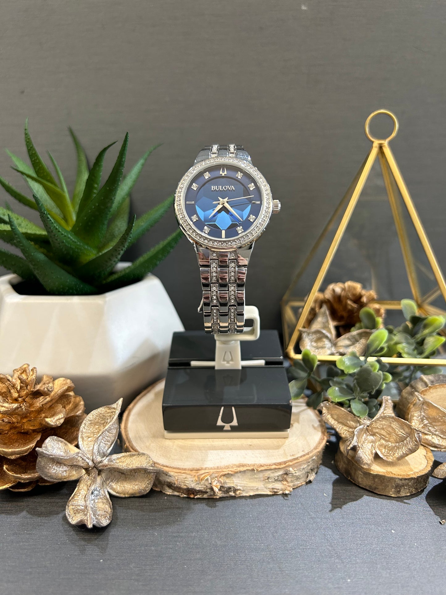 Women's Bulova Hammered Diamond Watch Face with Metal Band