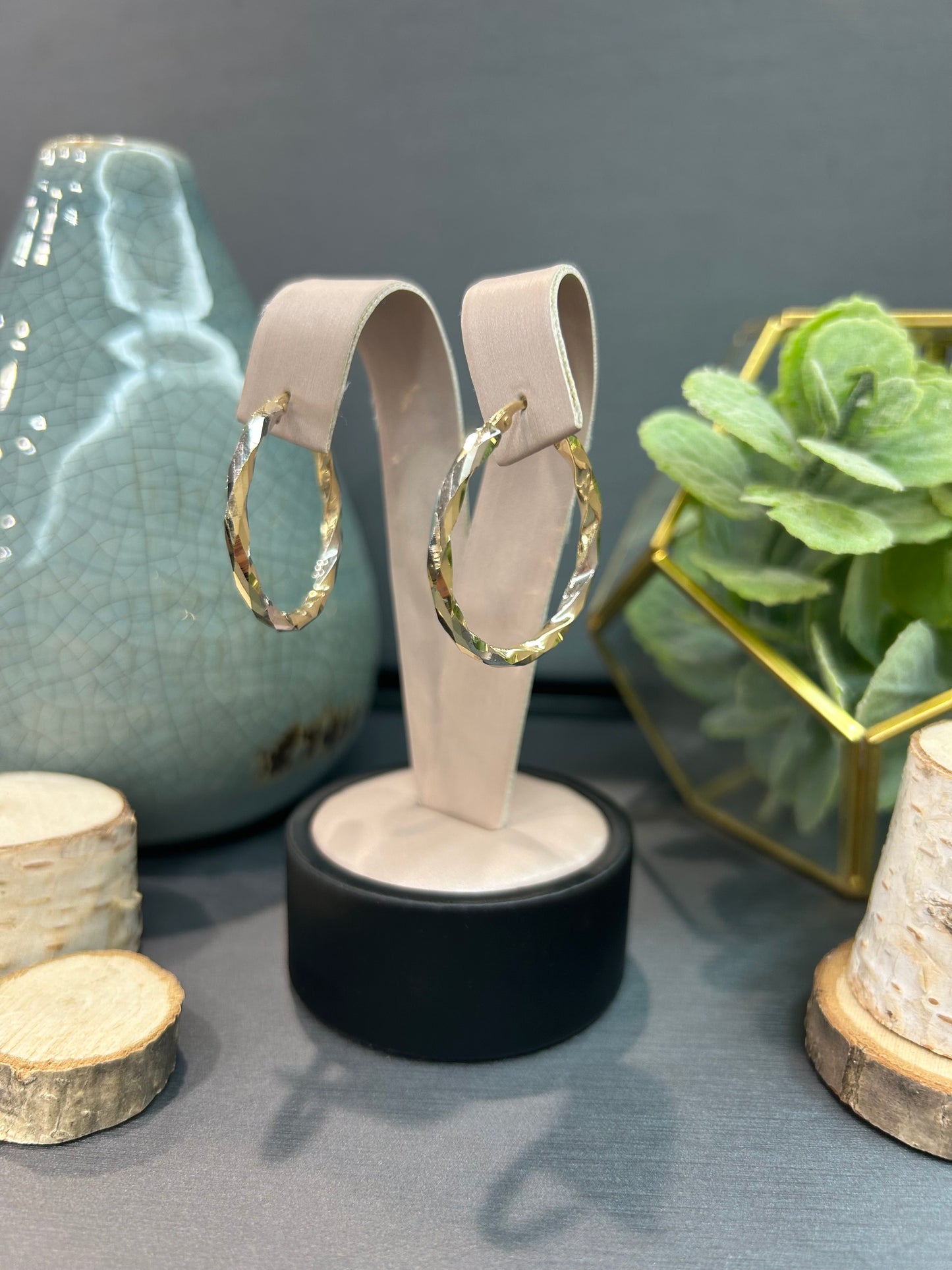 10k Two-Tone Round Edge Cut Hoop Earrings