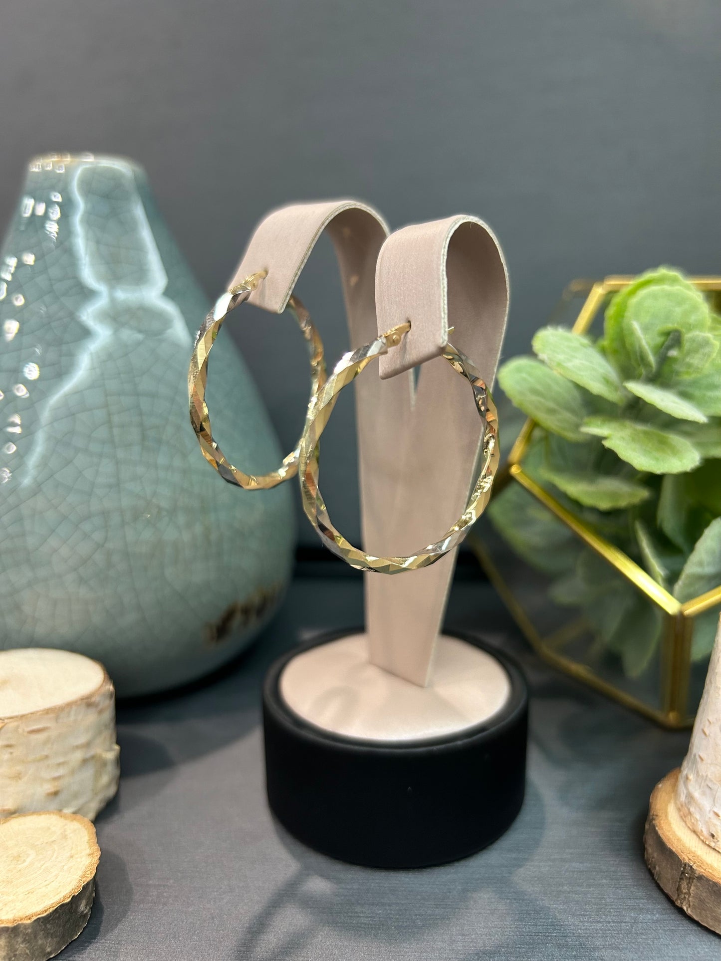 10k Two-Tone Round Edge Cut Hoop Earrings