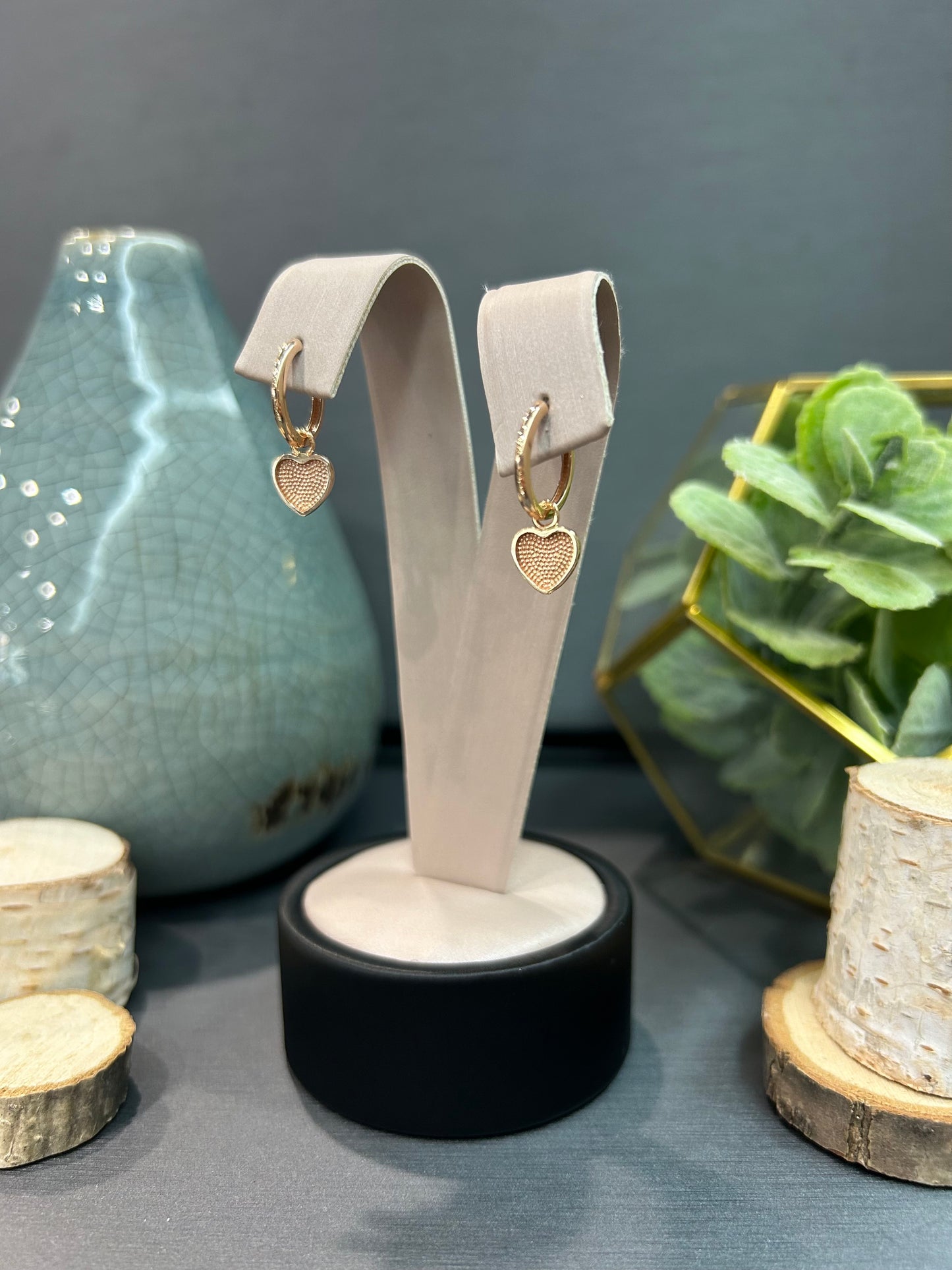10k Rose Gold Reversable Heart Dangle Hoop Earrings