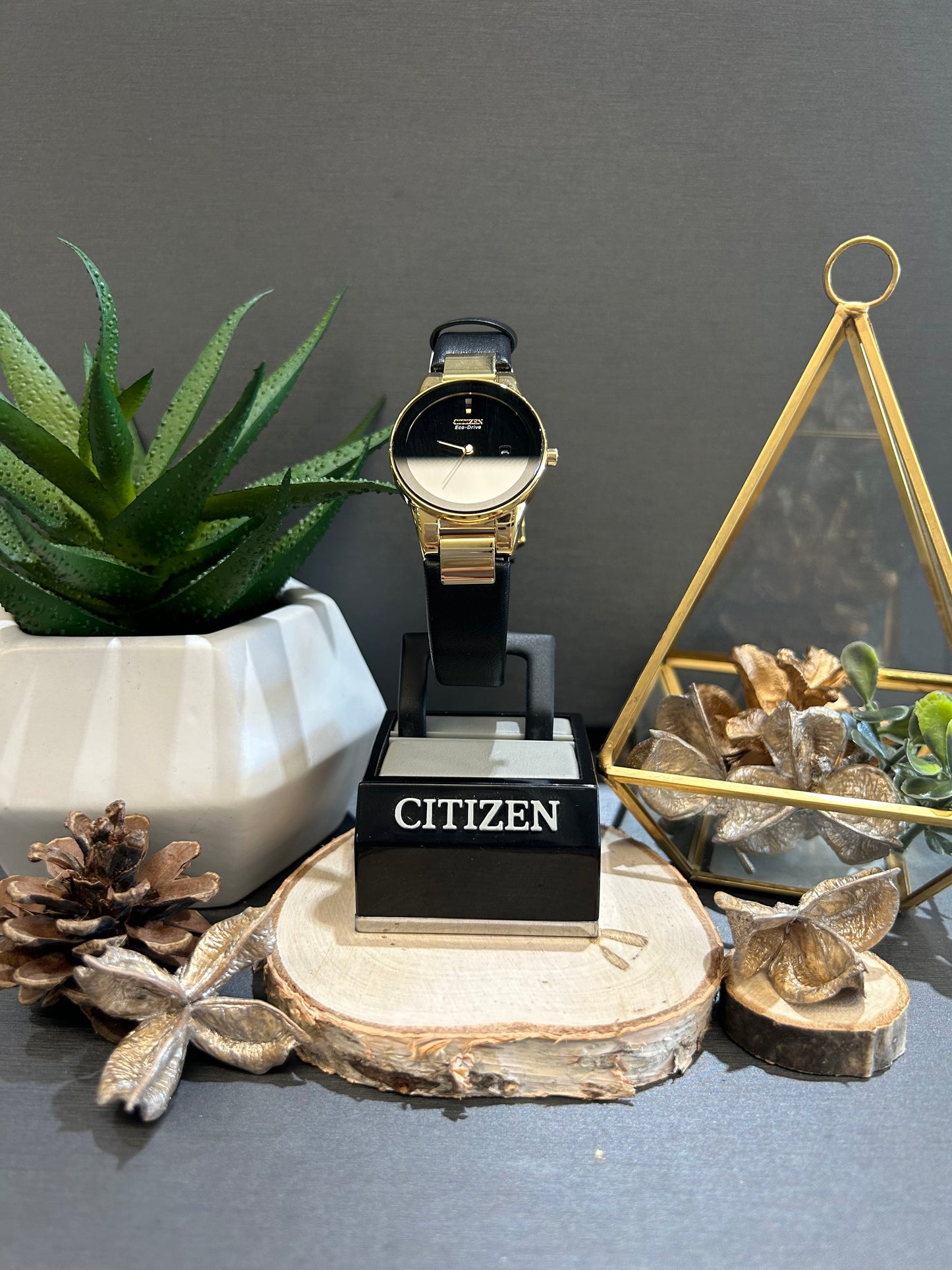 Women's Citizen Eco Drive Yellow and Black Watch with Black Leather Band