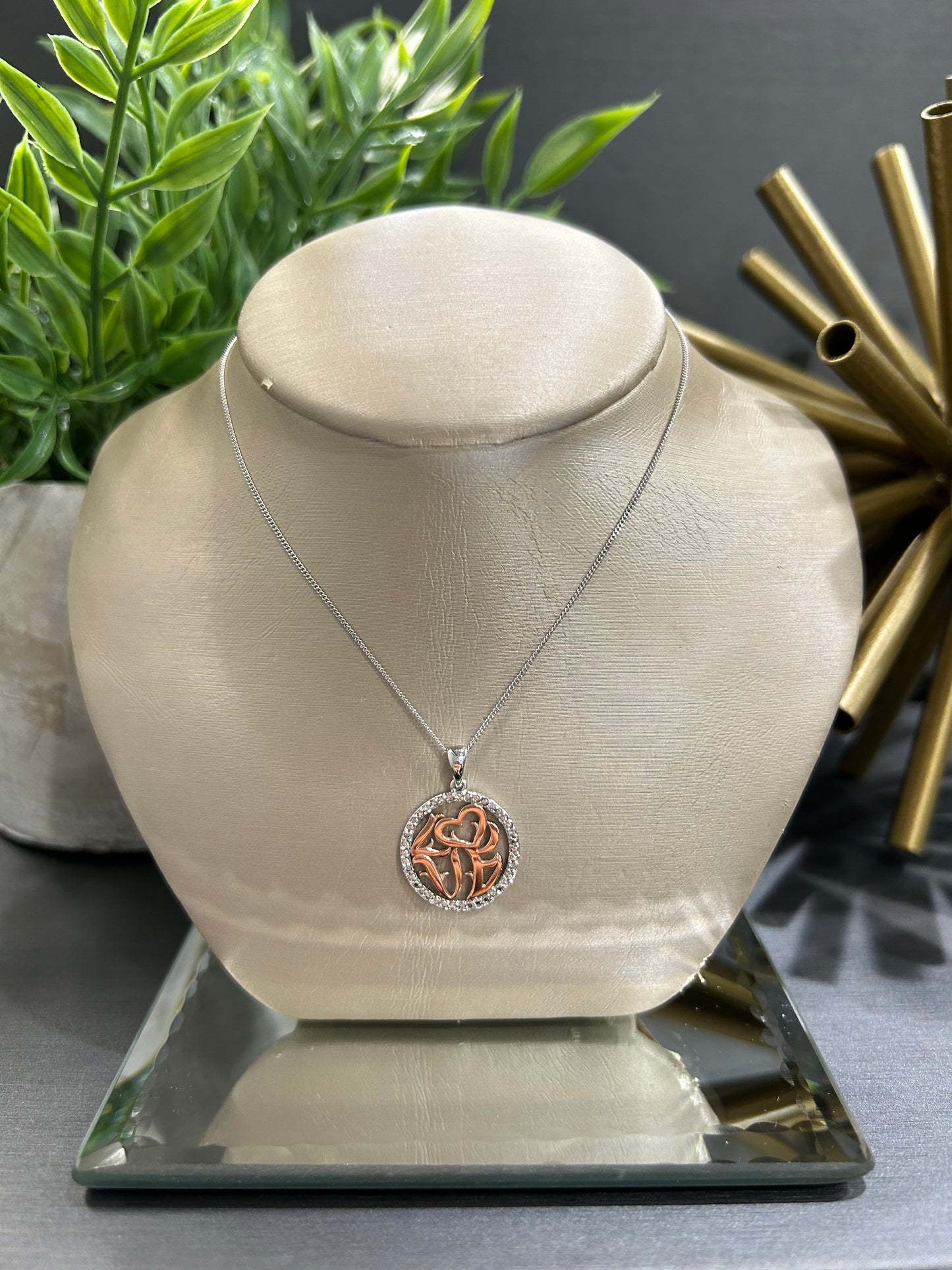 10k Two-Tone 0.05ctw Diamond ''Love'' Disc Pendant