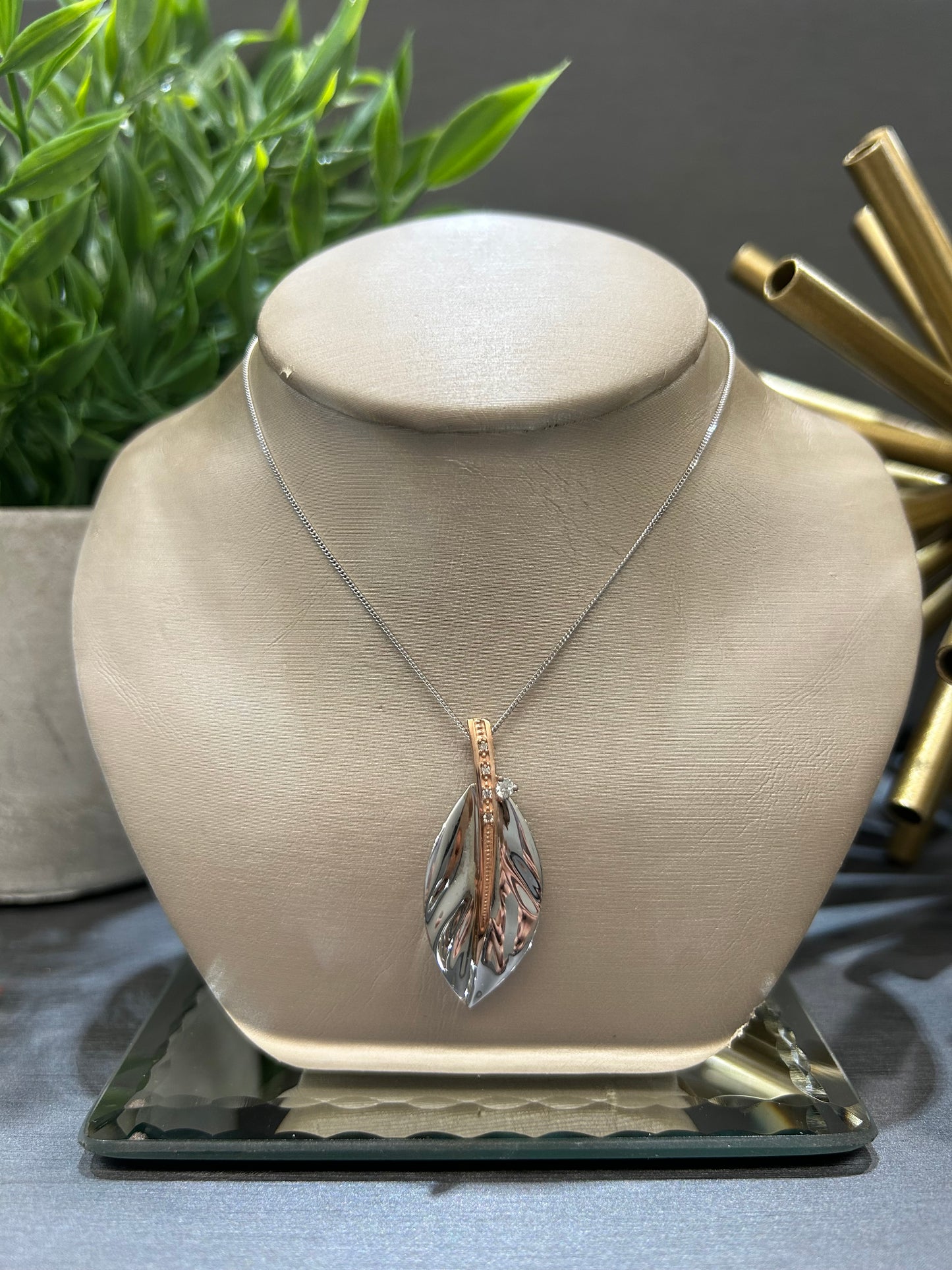 10k Two- Tone 0.04ctw Diamond Large Leaf Pendant