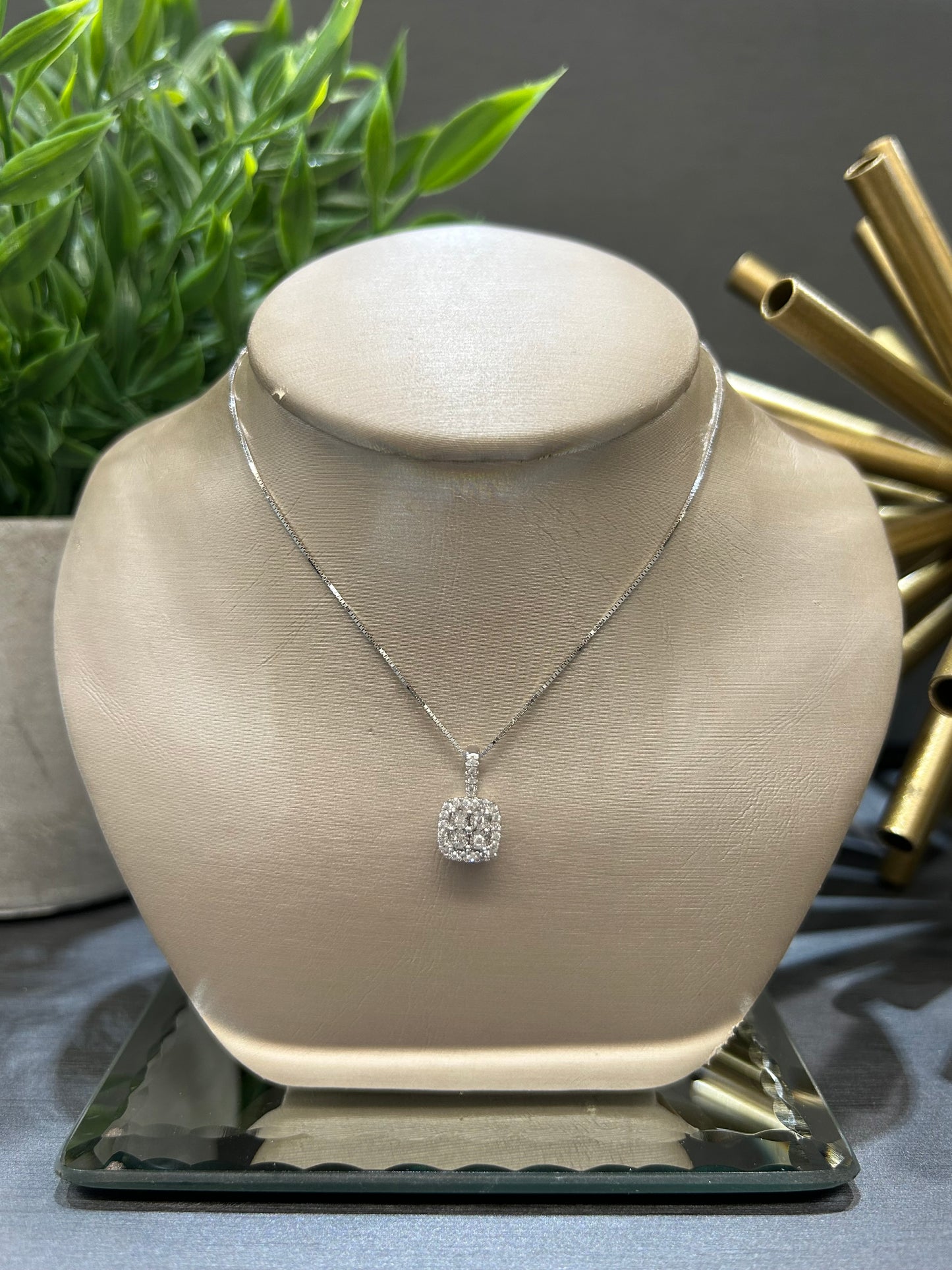 14k White Gold 0.12ctw Diamond Square Halo Cluster Pendant