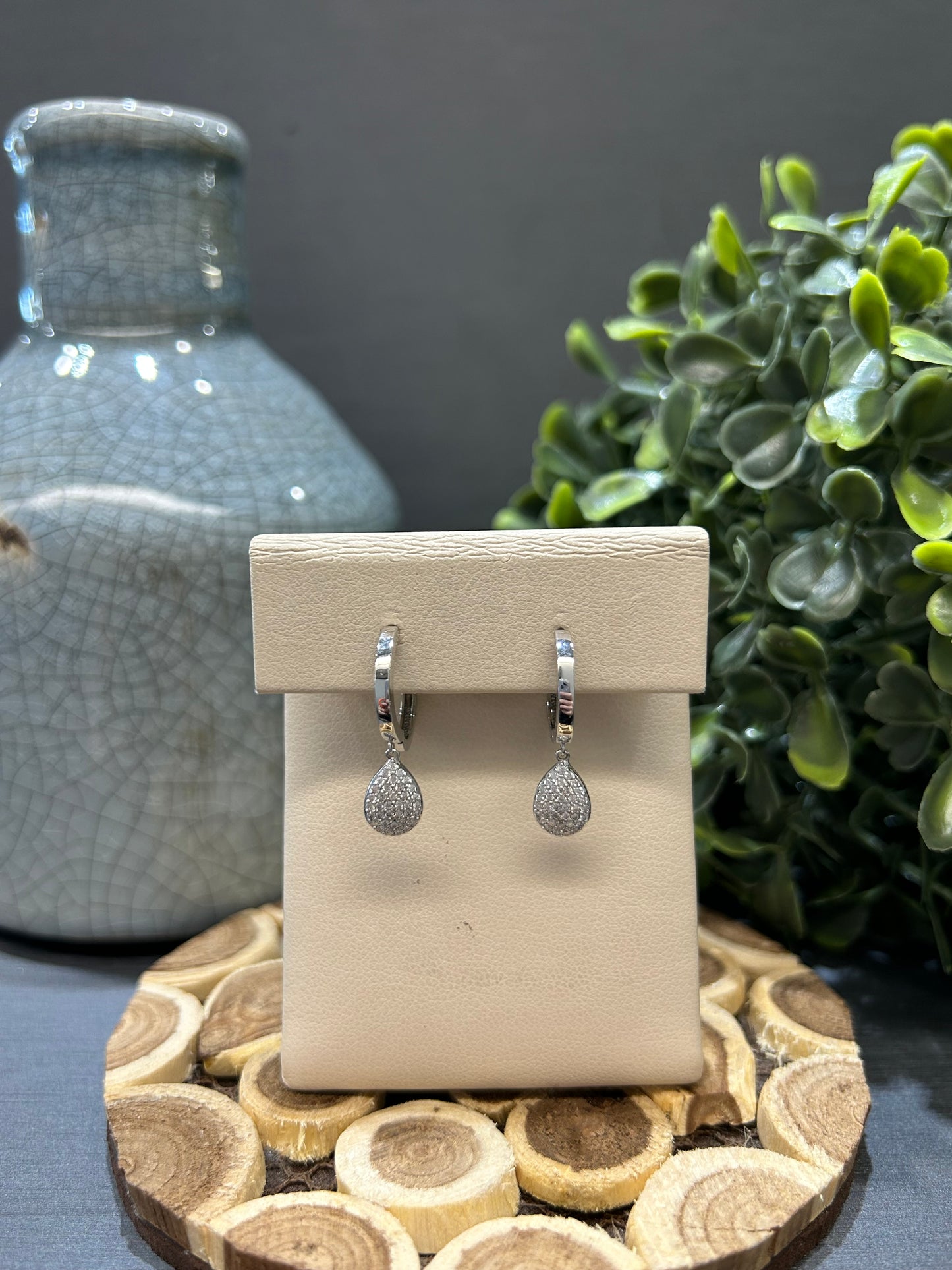 10k White Gold 0.30ctw Diamond Pear Cluster Dangle Hoop Earrings
