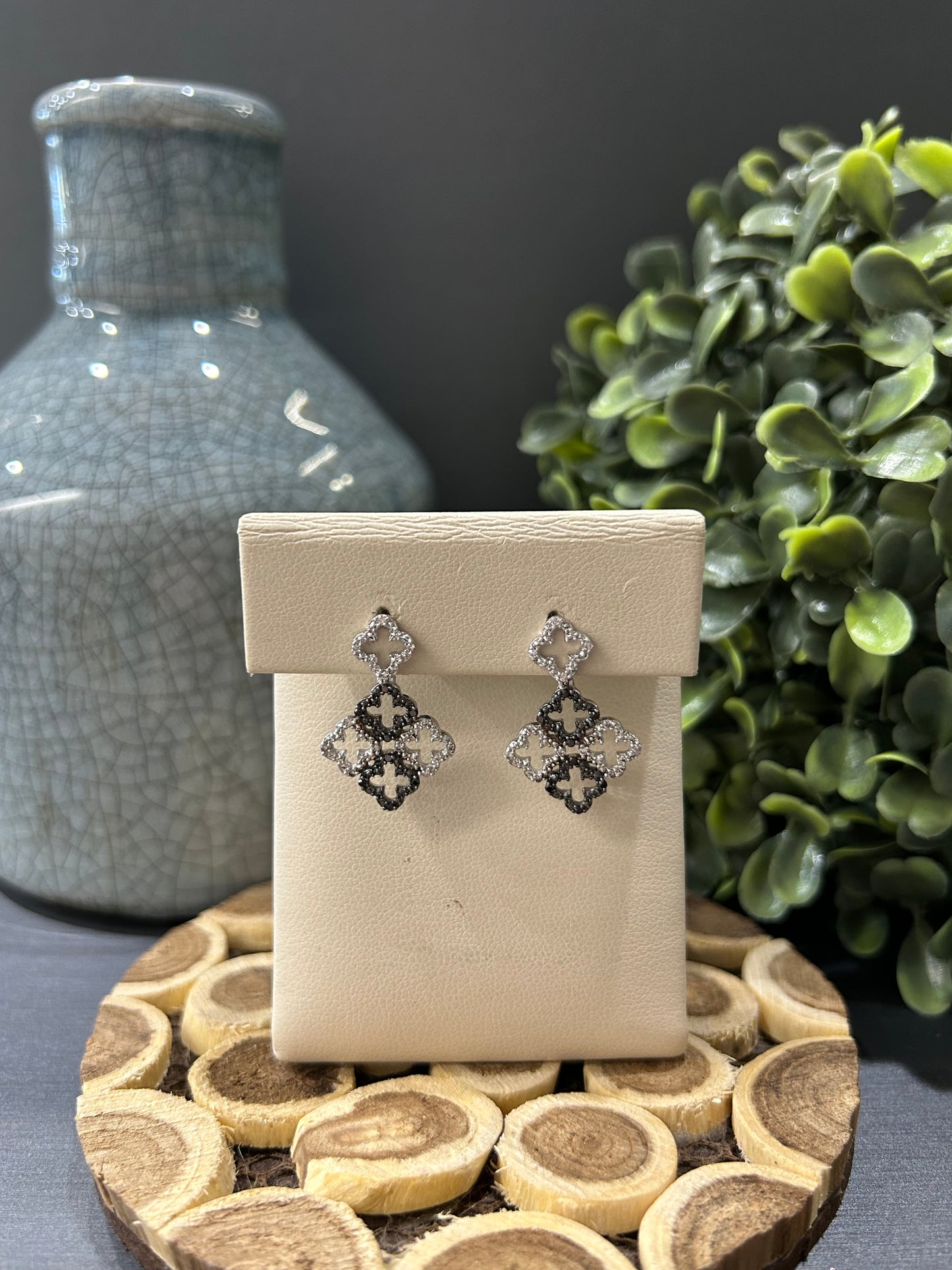 10k White Gold 0.15ctw Black and White Diamond Filigree Dangle Earrings