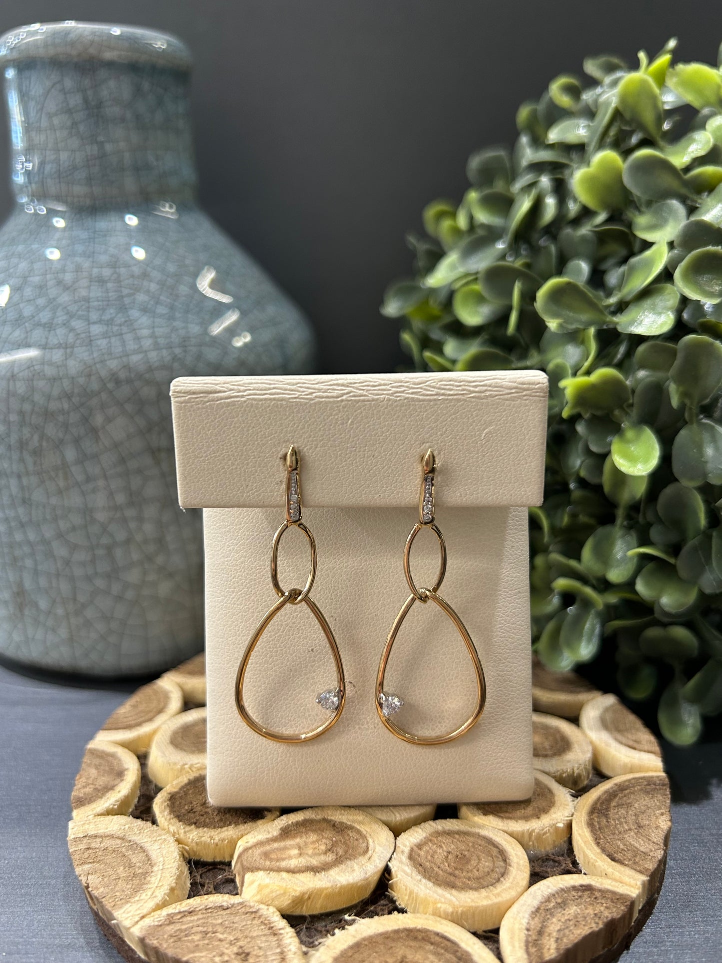 10k Yellow Gold 0.14ctw Diamond Double Oval Dangle Earrings