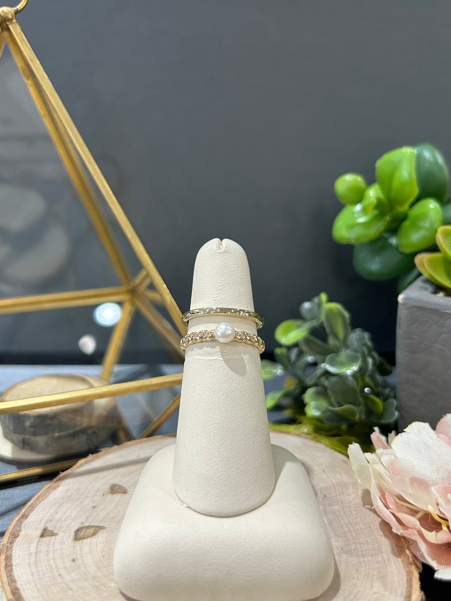 10k Yellow Gold 0.03ctw Diamond Accent 4mm Pearl Double Band Ring