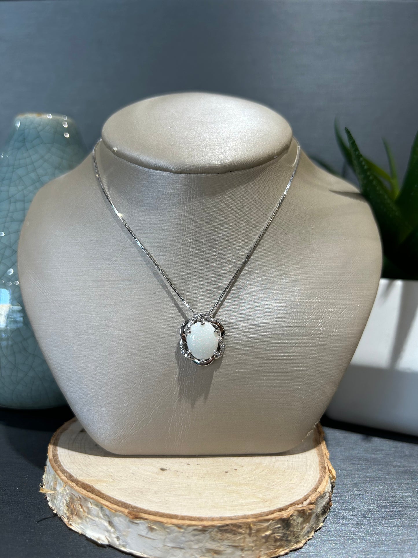 10k White Gold Oval Opal Ribbon Accent Pendant