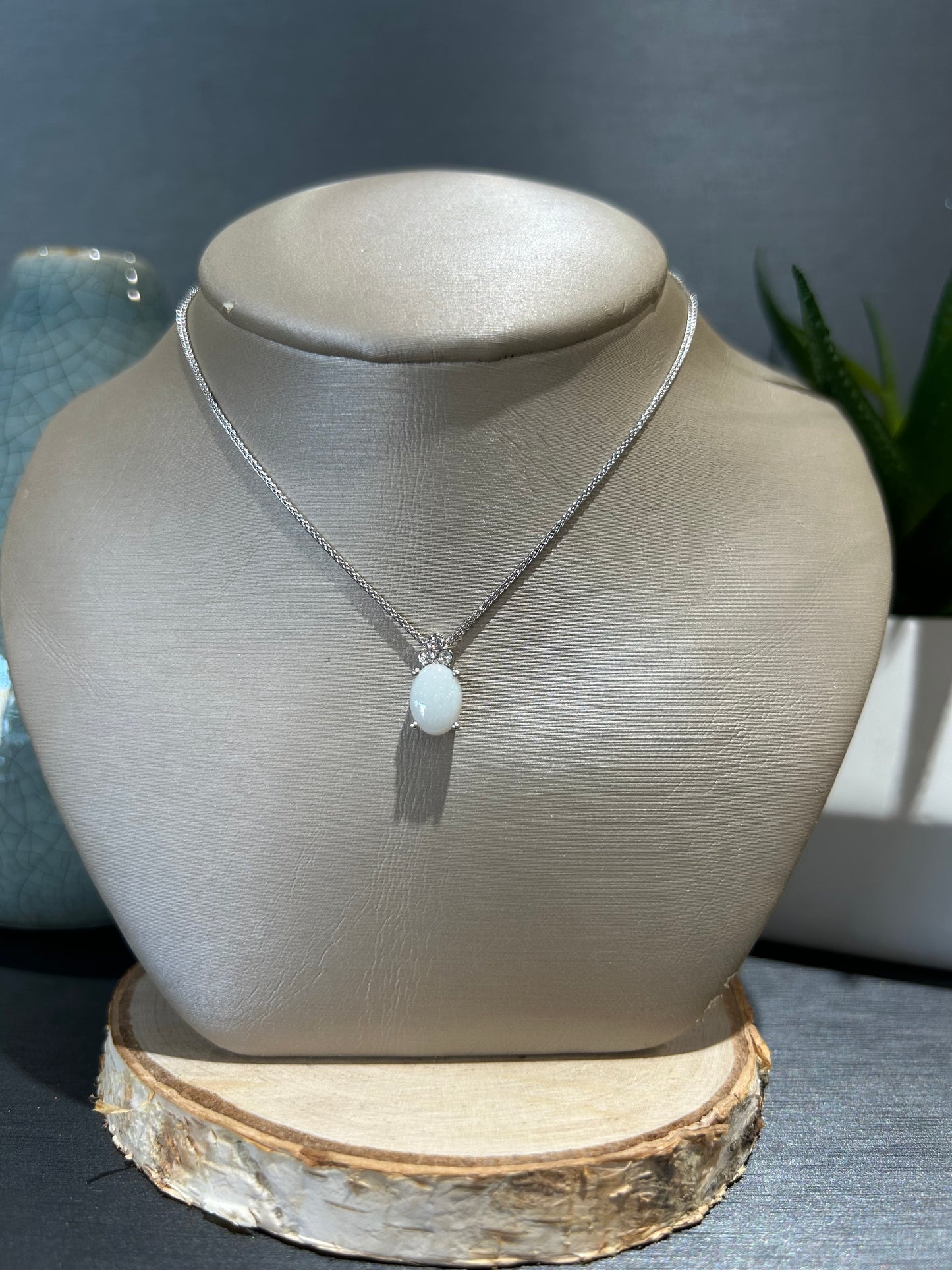 10k White Gold Oval Opal Triple Diamond Pendant