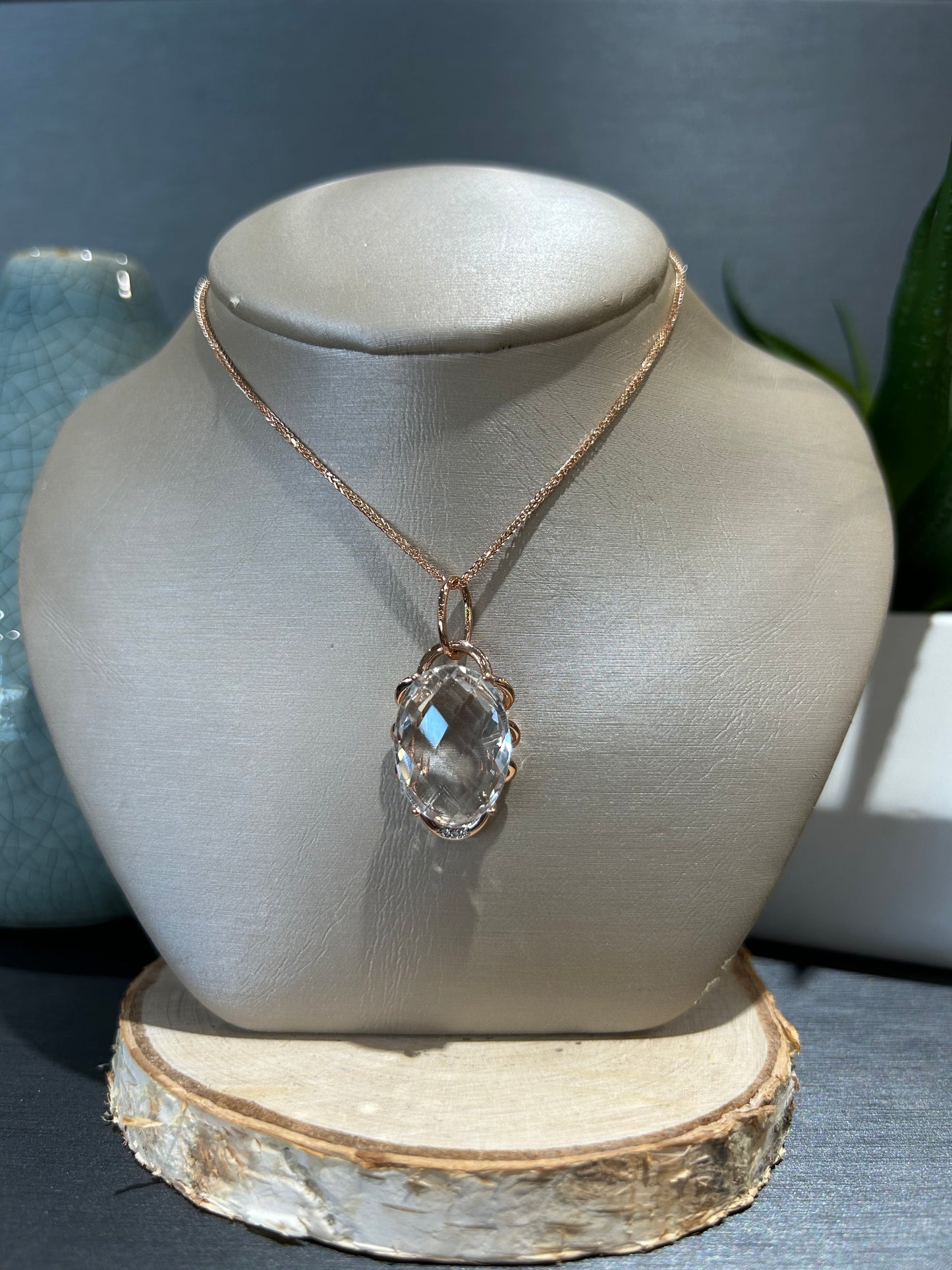 10k Rose Gold Oval Clear Quartz Large Pendant