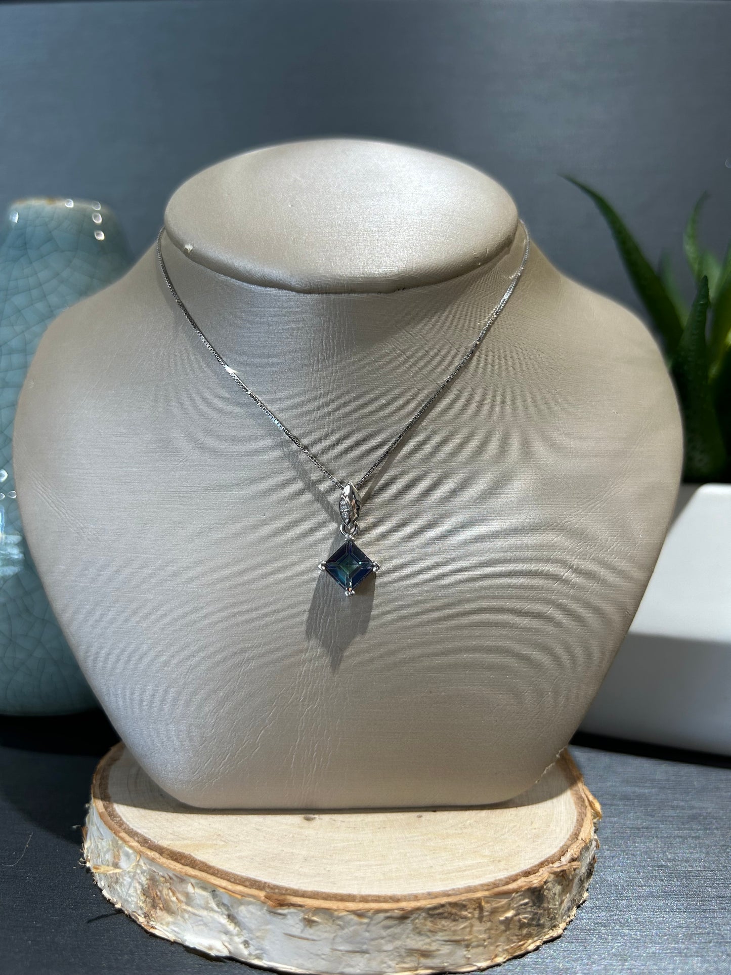 10k White Gold Square Mystic Topaz Pendant