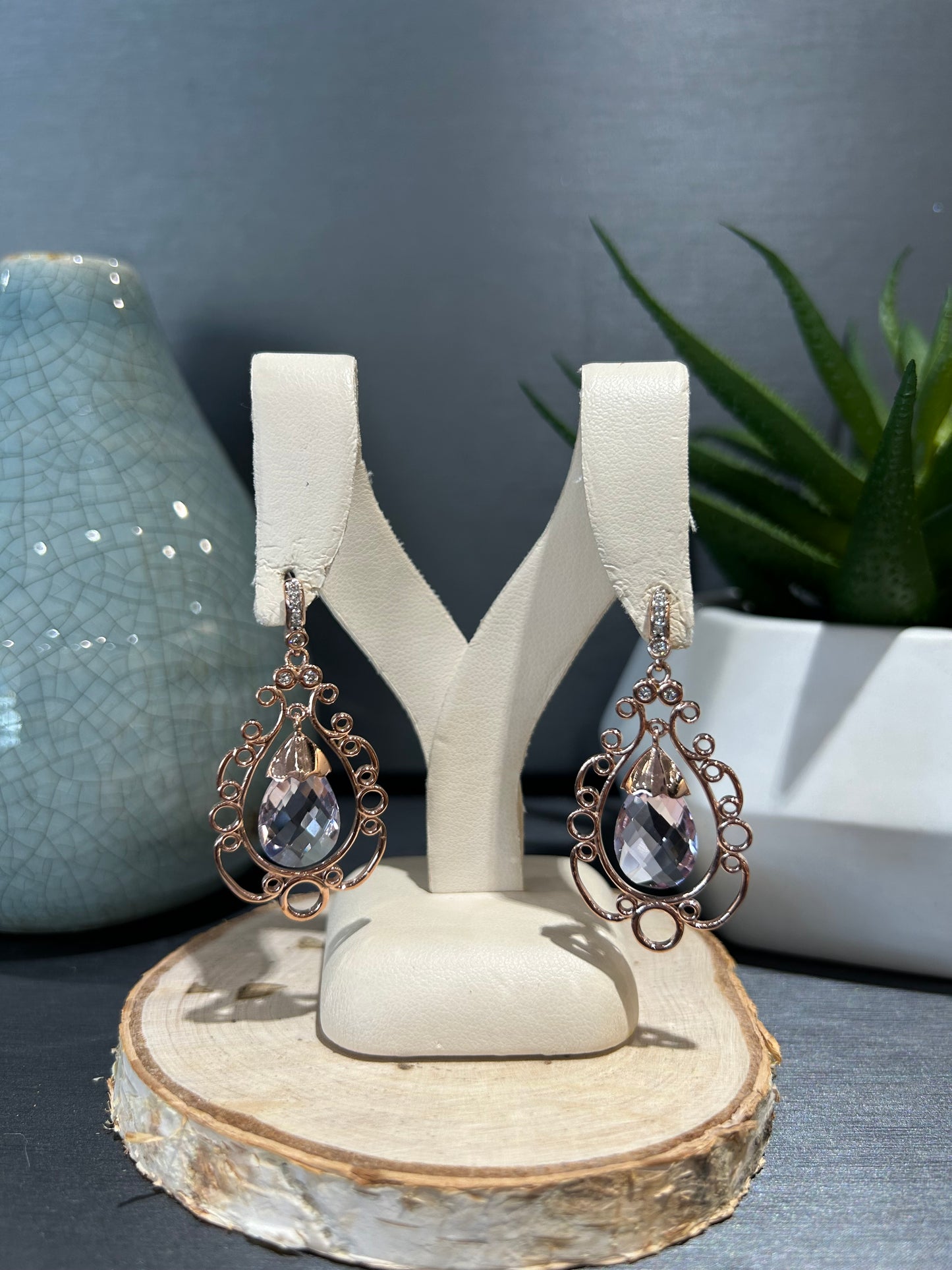 10k Rose Gold Pear Amethyst Filigree Dangle Earrings