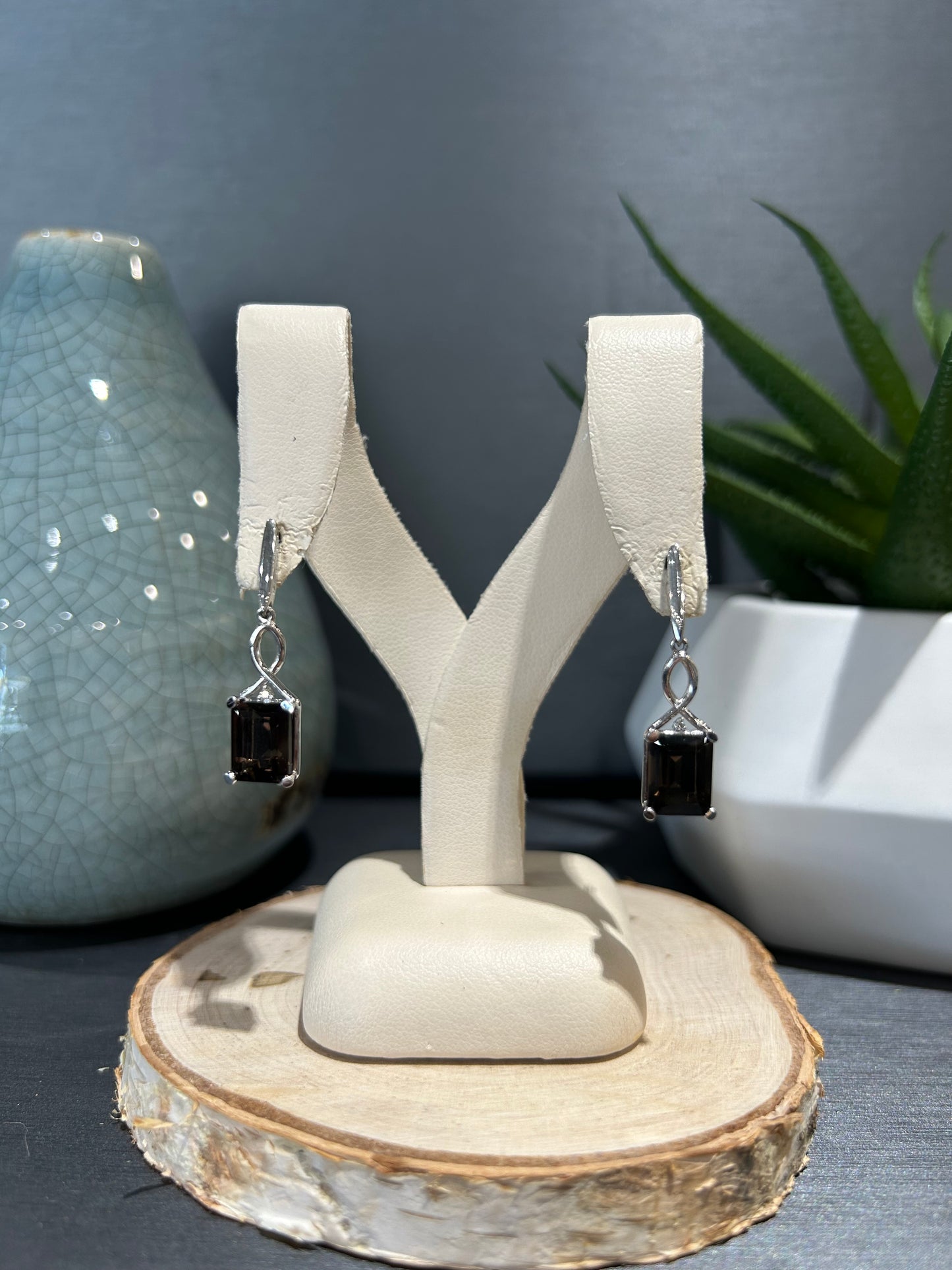 10k White Gold Emerald Cut Smokey Quartz Dangle Earrings