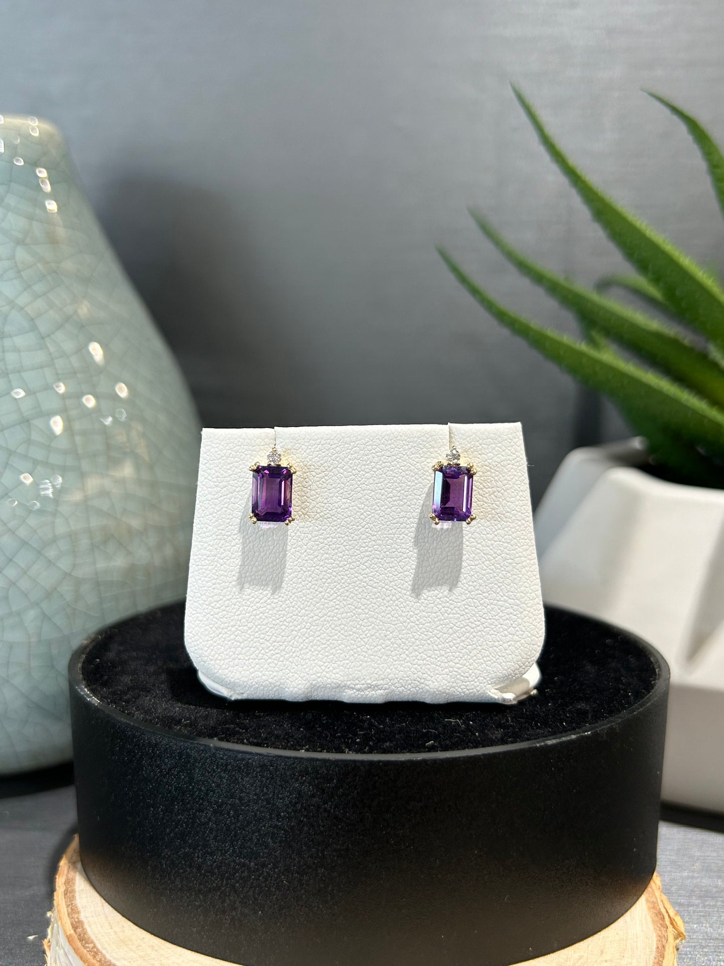 14k Yellow Gold Emerald Cut Amethyst Stud Earrings