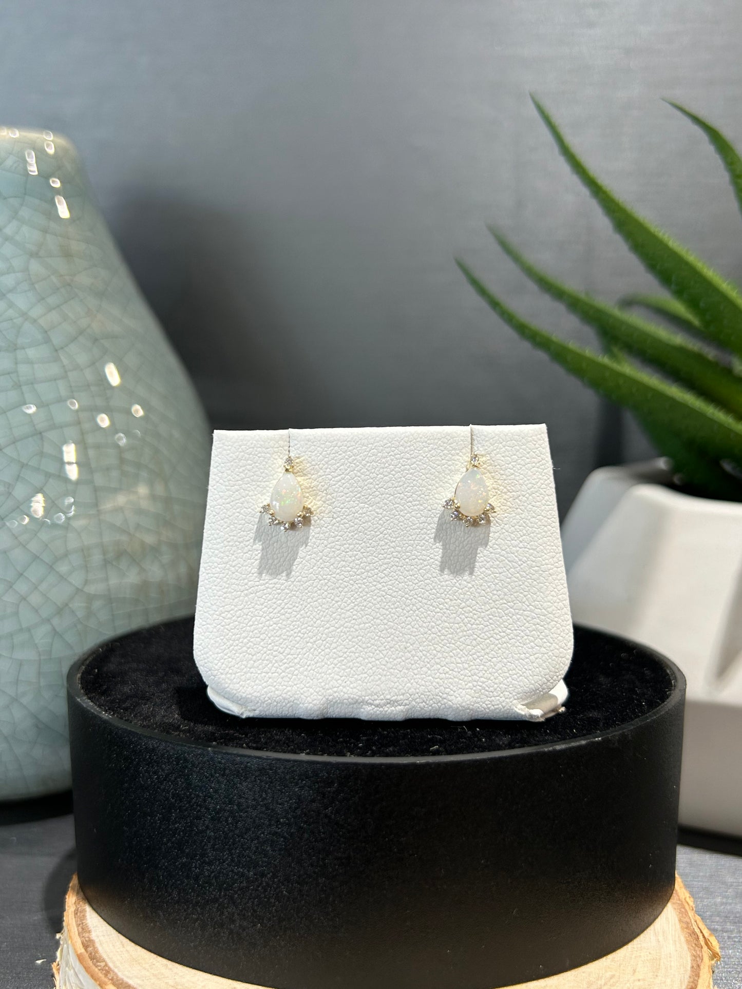 10k Yellow Gold Pear Opal Diamond Accent Stud Earrings
