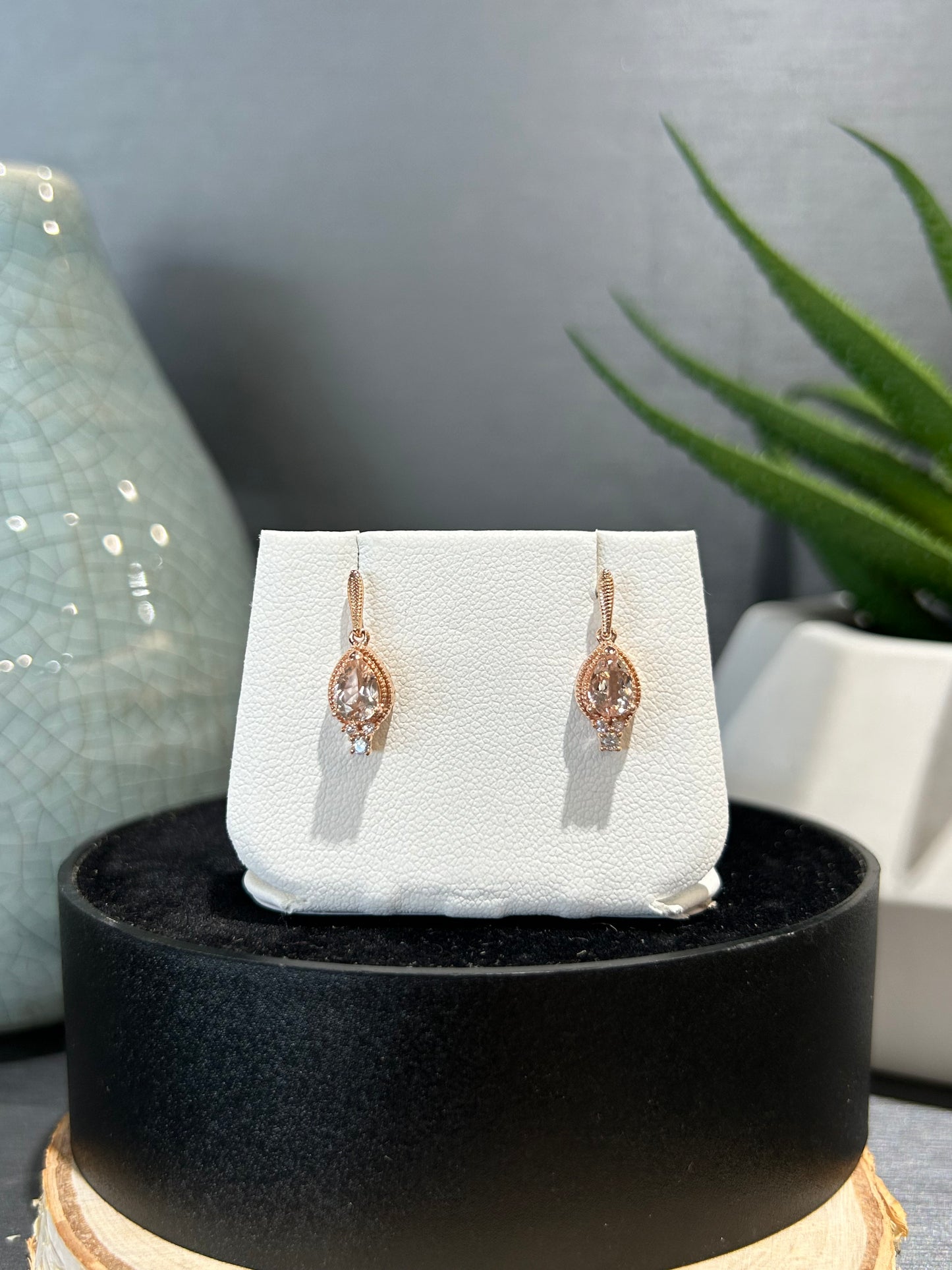 10k Rose Gold Pear Morganite Rope Halo Dangle Earrings