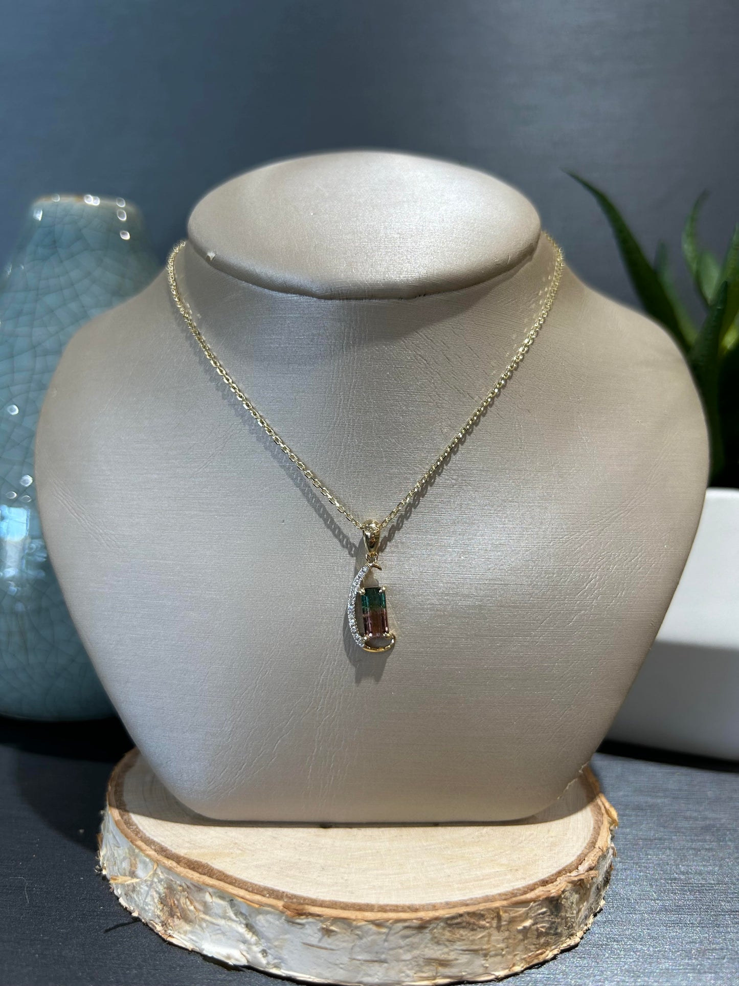 14k Yellow Gold Rectangle Watermelon Tourmaline Pendant