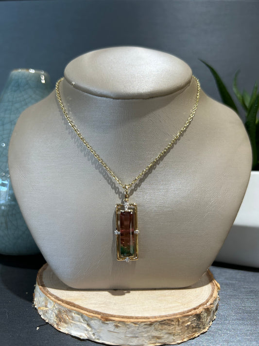 14k Gold Rectangle Gemstone Gold Halo Pendant