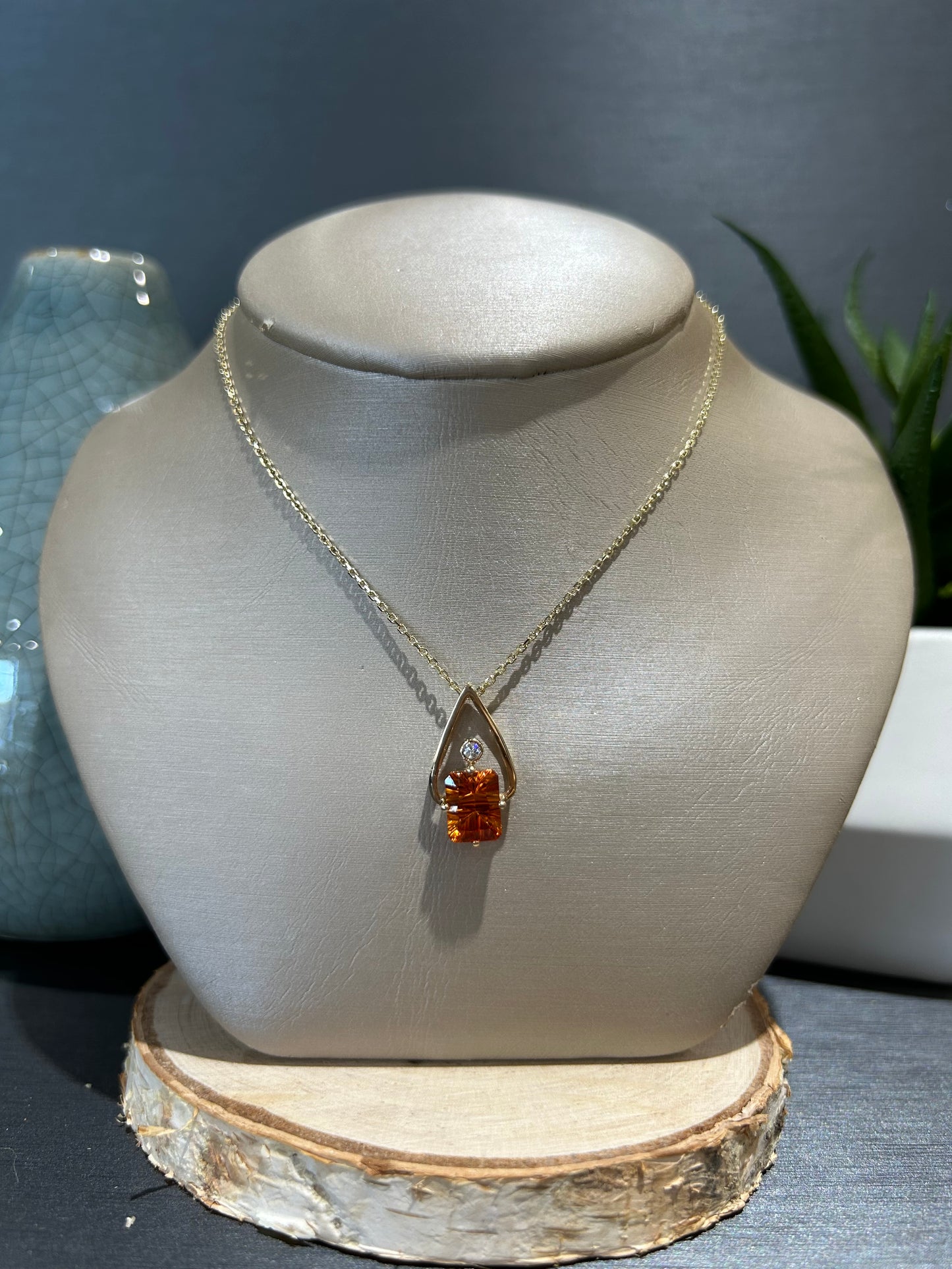 14k Yellow Gold Rectangle Orange Sapphire Pendant