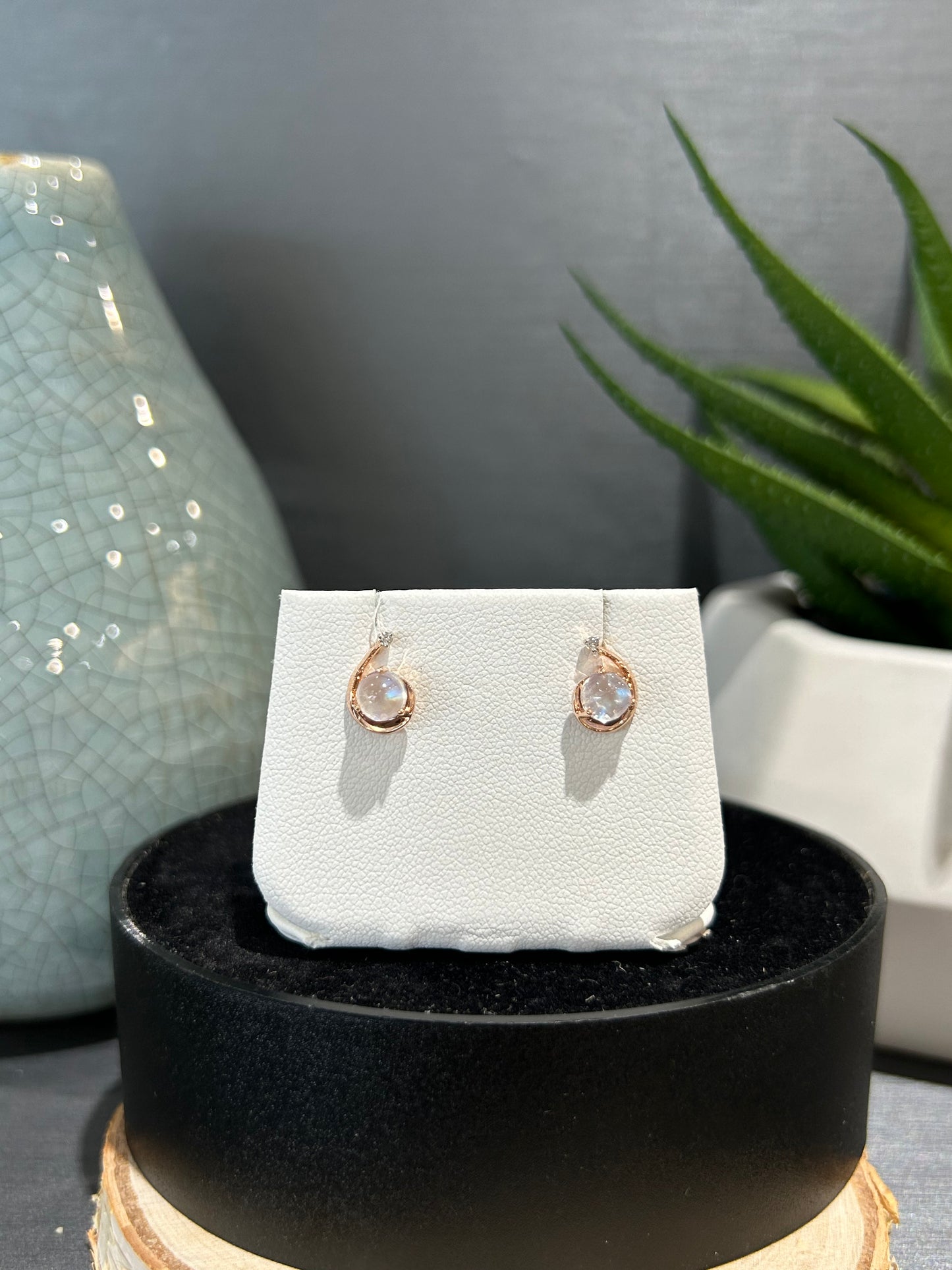 14k Rose Gold Moonstone Diamond Accent Stud Earrings