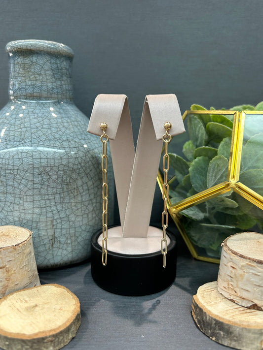 14k Yellow Gold Paperclip Link Dangle Stud Earrings