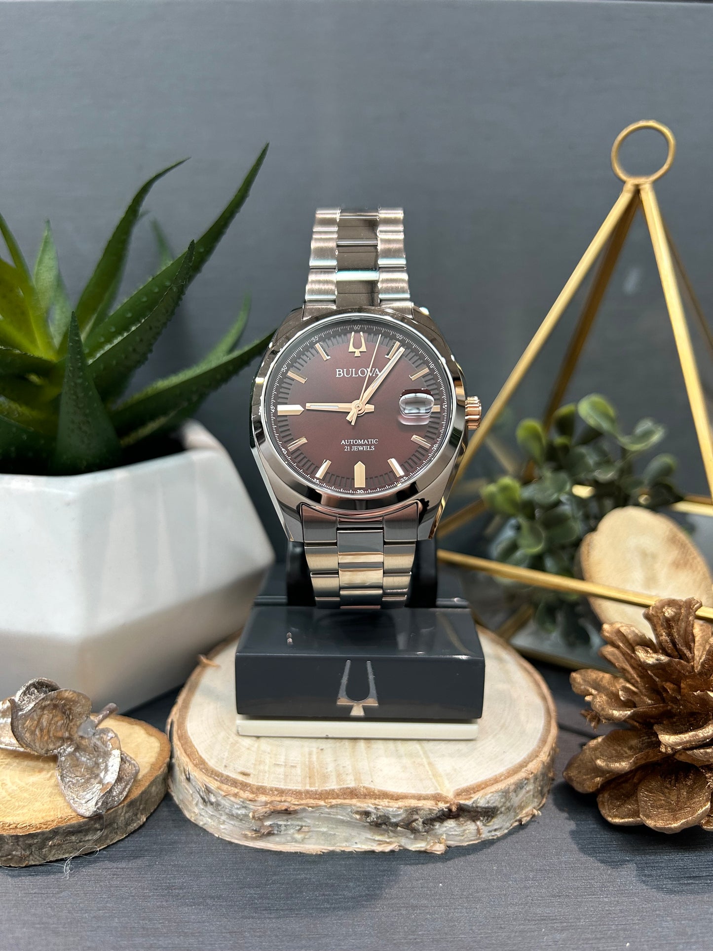 Men's Bulova Automatic Maroon Face Watch with Metal Band