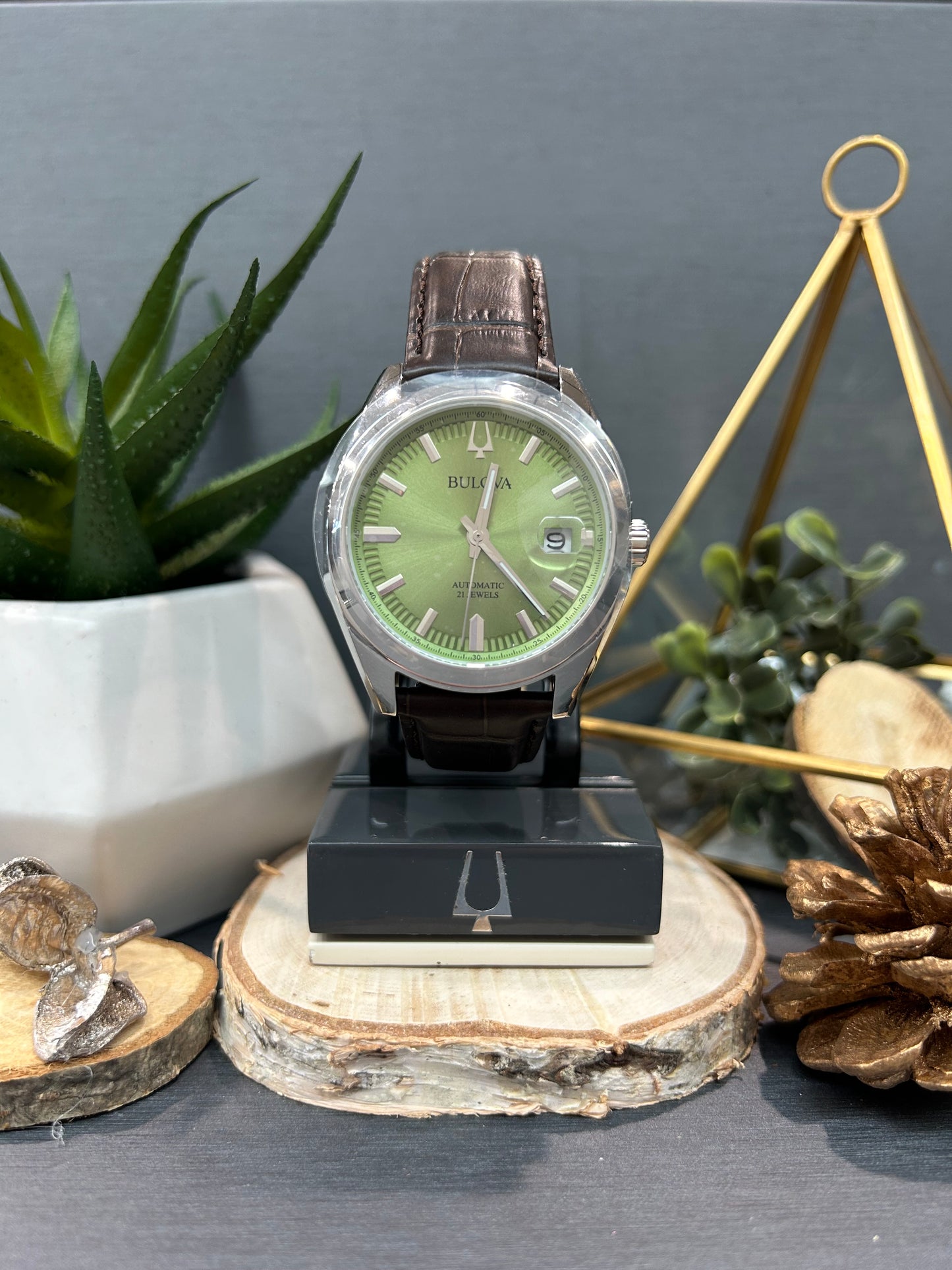 Men's Bulova Automatic Light Green Face Watch with Brown Leather Band